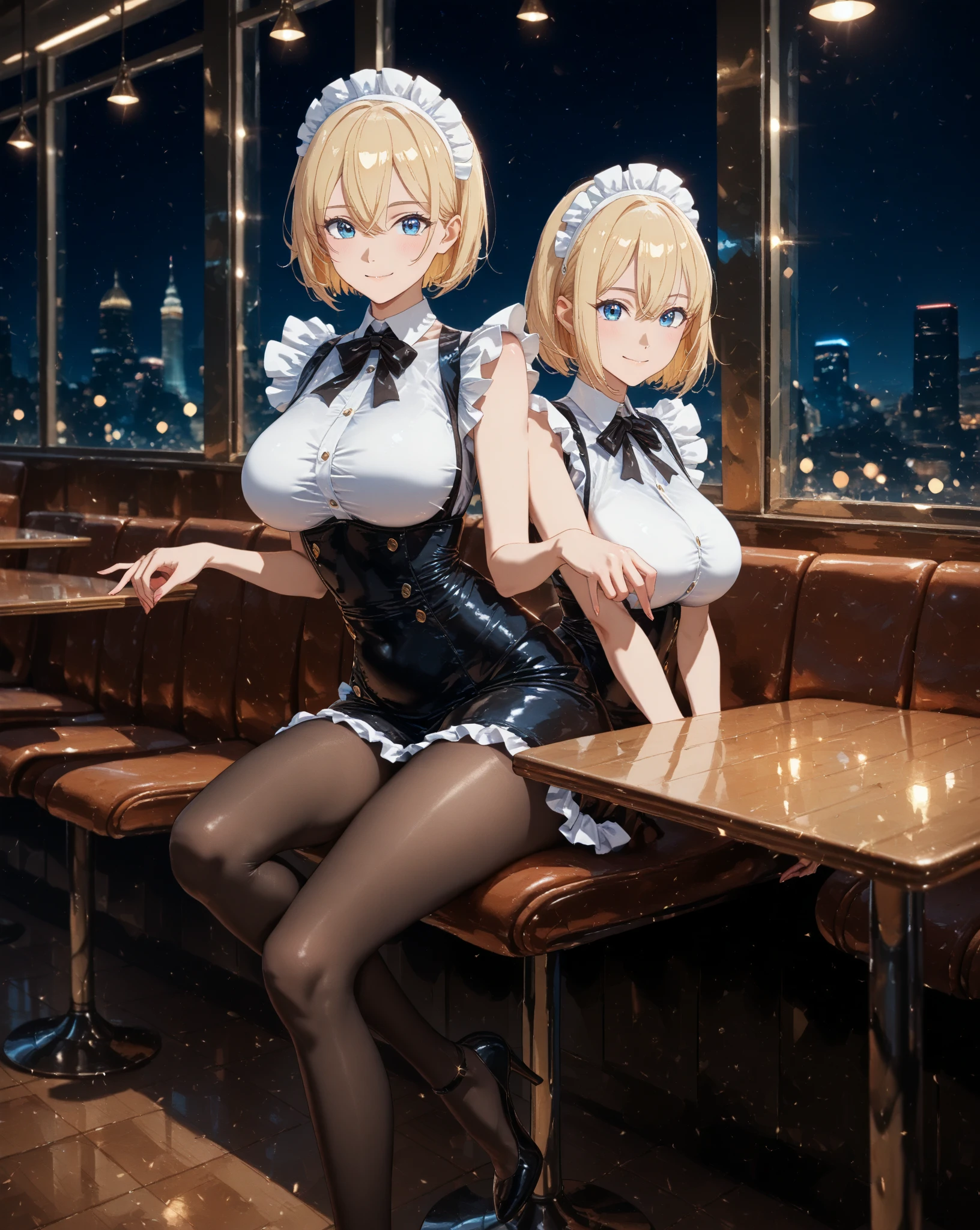 beauty, Big Breasts, Beige Hair, Loosening perm, Short Bob, blue eyes, masterpiece, high quality, 4K, casino, smile, Dynamic pose, Fishnet tights, Black leotard bunny suit, Cleavage, Covered breasts, Bow tie collar, cuffs, Place your arms behind your head, Stiletto heels
