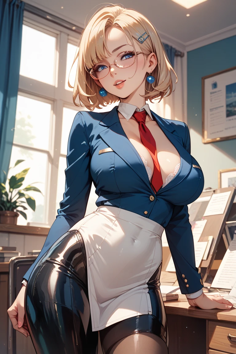 (best quality,4k,8k,highres,masterpiece:1.2),ultra-detailed,realistic,photorealistic:1.37
blonde hair
blue eyes
bob cut
glasses
humanoid
large breasts
leggings
looking at viewer
nice ass
office
office lady
official alternate costume
pantyhose
shoulder length hair
skirt
slim waist
massive breasts
topless