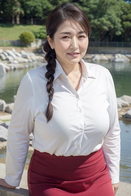 Sitting on a park bench, Wrinkles around the eyes, Smiling with teeth showing, Plain short-sleeved clothing, senior citizen, Draw lips correctly, Red lipstick, No discomfort, 16K, Highest quality, Very detailed, Realistic, Very detailed肌, (Japanese), (alone), 60 years old, Large Breasts, , Glamour, sexy, Chromo White Skin, Staring straight ahead,