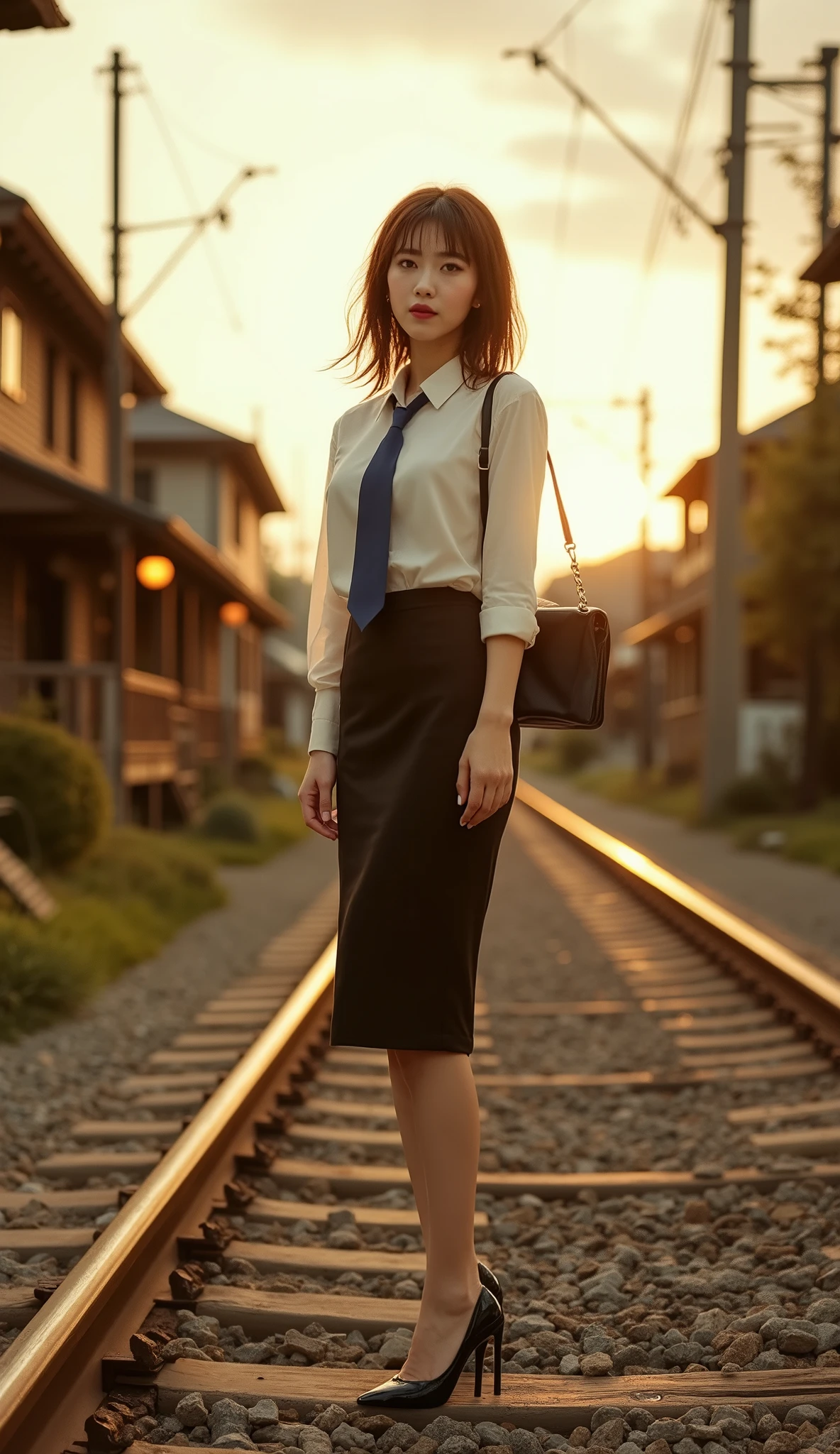 sexy and beautiful Japanese women, wearing a white short sleeve shirt , navy blue tie, Navy Blue Pencil Skirt, , black patent high heels, beautiful hip line, beautiful thighs, long legs, a woman has a black handbag hanging on her shoulder, a Woman standing inside the white line of the platform waiting for the train, a woman standing sideways to the viewer, Get on all fours from a polygonal , Countryside scenery, Suburban, standing, return, side, in a middle school classroom, streetcars, Autumn Station, Wooden House, platform, delicate face, The sunset shines , (Viewpoint looking up from the floor:2.0), (low angle shot:2.0), point of view from below, (looking up at a woman from a low angle shot:2.0), worm's eye view, dynamic composition, dynamic perspective, brown hair, bungs, floating hair, low ponytail, silhouette, sideways, Surrealism, Uhigh definition, retina, masterpiece, accurate, anatomically accurate, textured skin, Super Detail, high detail, high quality, Award-winning, best quality, high definition, 1080P, high definition, 4K, 8k, 16k