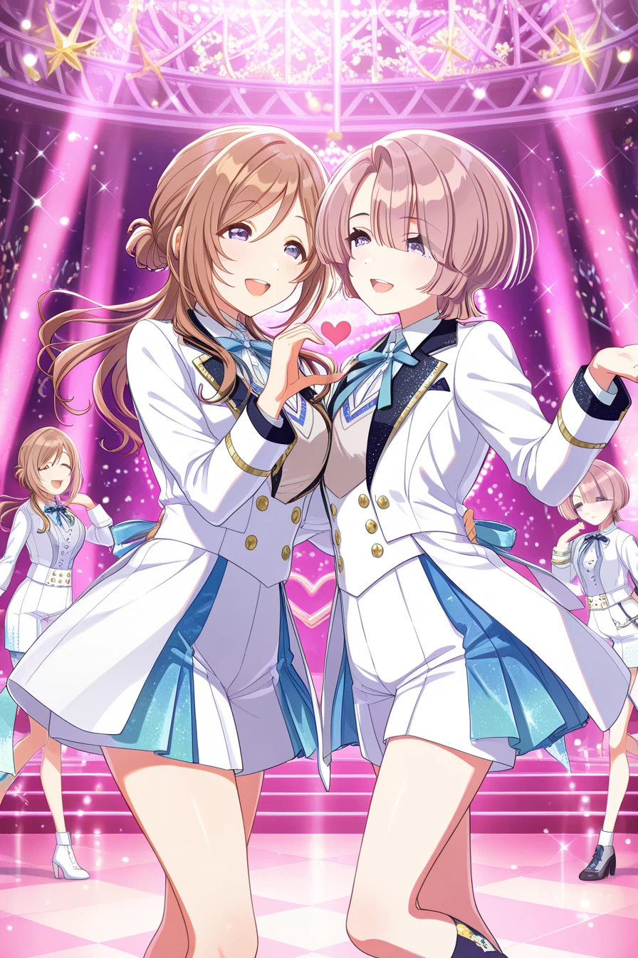Highest quality、High resolution、Detailed Background、(Beautiful face in every detail:1.4)、Anatomically correct、(Normal number of fingers:1.2)、(Highly detailed face)、Detailed eyes、Teenage beauty、Perfect body line、Brightly colored hair、Braided bob cut、cute hairstyle、well-groomed eyebrows、Gorgeous stage、Cuteness and glamour、Idol-like atmosphere、A big smile、
A cosplay-style sailor uniform in vibrant colors、No sleeve、ribbon、Vibrant、Cute gestures、
(Two beautiful idol girls singing and dancing on stage:1.5)、
To rhythmic music、Perform a light dance、Sparkling and shining costumes、And a captivating performance that captivates the audience、
Their performances are truly dazzling as they capture the hearts of the audience.、The scene was filled with the sparkle and charm that only idols can have.、Idol Style、Attractive thighs、Show your side、Panty Shot、cute