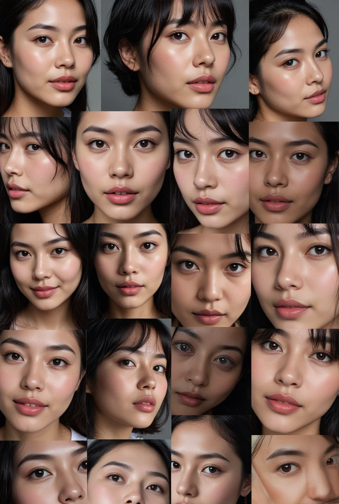 A vibrant collage featuring a grid-like arrangement of numerous photographs. Each square showcases a different woman portrait, Close-up of a cute woman natural shot from various angle and lighting. Japanese, Asian, Indian, European and Latin-American, various nationality and races, slightly smiling. wet by mucus, Hyper-realistic detail, introspective mood. Surreal, cinematic focus, intense.