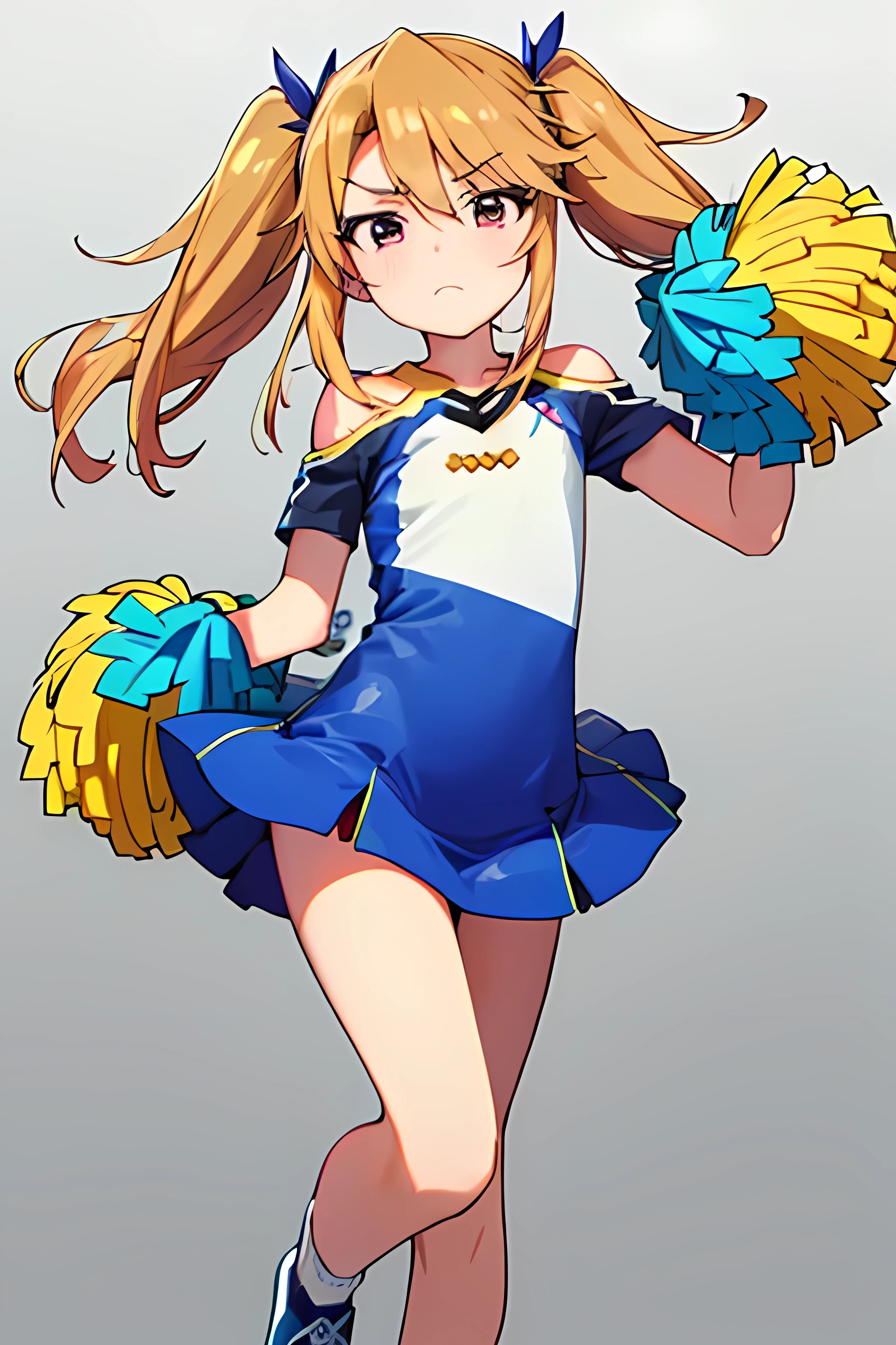 Here is your prompt broken down into specific categories:
Hair Features:
• Medium-length, slightly wavy light brown hair
• Styled into twin-tails
• Tied with red and yellow ribbons
Facial Features:
• Shy and slightly embarrassed expression
• Cheeks blushing
• Eyes showing a hint of determination despite the bashful demeanor
Body Type:
• Short stature
Outfit:
• A simple and cute mini-length dress
• White knee-high socks
Pose:
• Standing with feet shoulder-width apart
• Facing forward
• Looking slightly hesitant but still embodying the spirit of a cheerleader
• Holding two large, fluffy yellow pom-poms in her hands
Background:
• Clean, minimalistic gradient to emphasize her vibrant presence
• Simple background