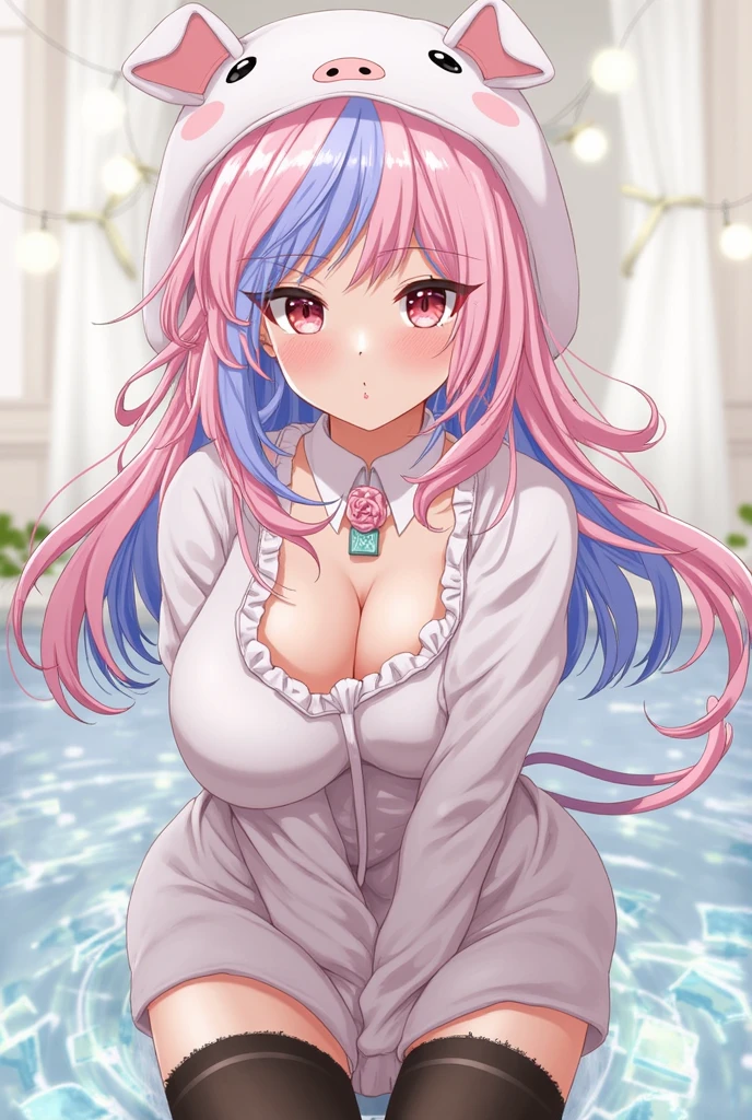 verse3 openshirt, halo, <lyco:Hanako-000020:1.0>, lewd, smile, blush , wet, wet clothes, lying on water, from above, ((Establishing Shot, Looking At Viewer,)), (Anime:1.2),
