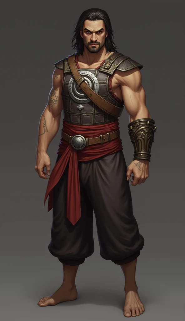 man,Short hair, no shirt,Blue chong kraben pants,No shoes while standing.Thai warrior costume holding a sword,Ayutthaya has a mustache