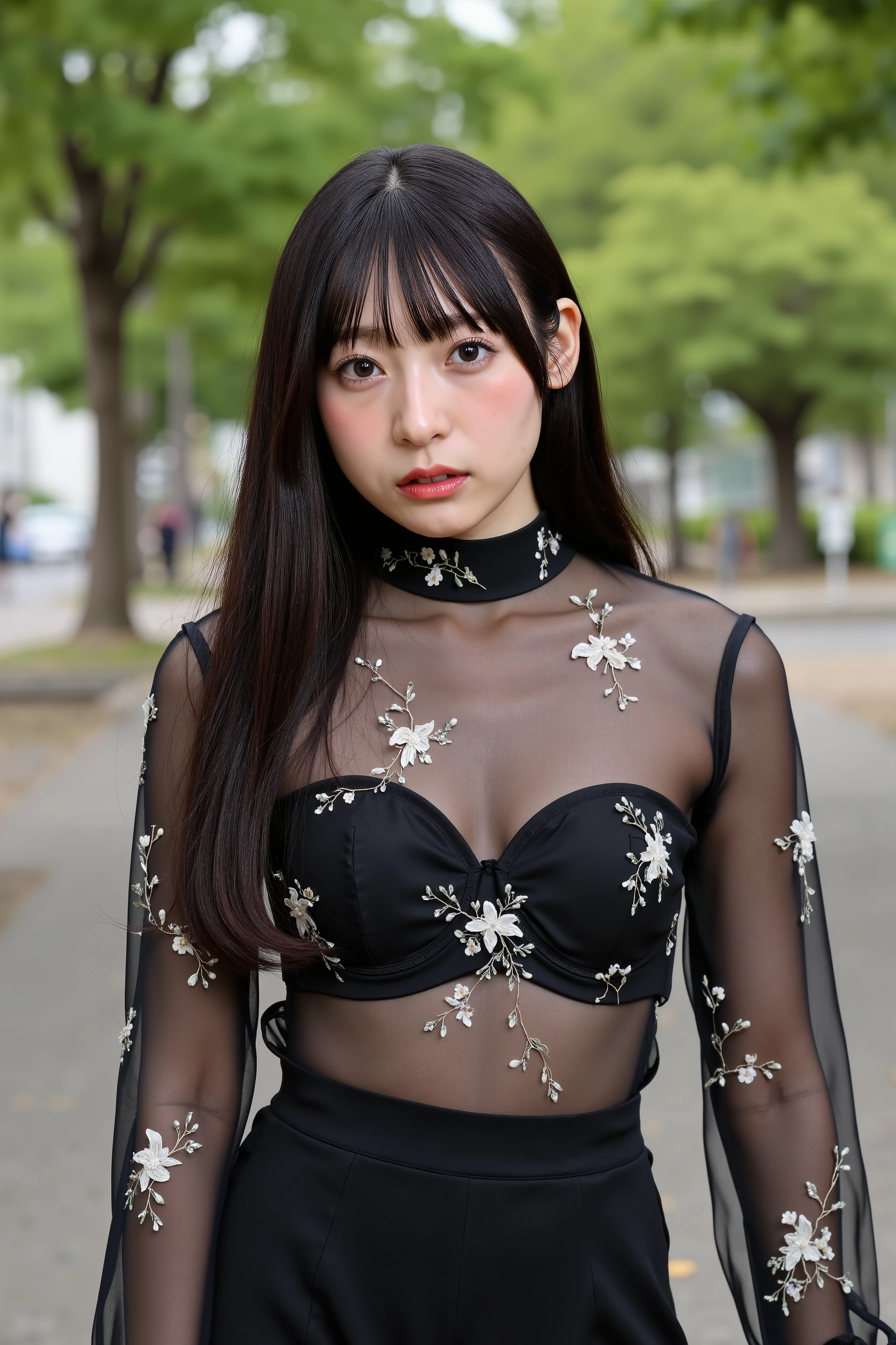 Photo-realistic, 8k, natural lighting, a high resolution photograph of a Japanese young woman with long straight black hair with bangs framing her delicate face, wearing an elegant high-neck sheer black blouse adorned with delicate white floral embroidery. The see-through fabric reveals the skin beneath, fully exposing her bare chest through the delicate material but her small breasts wearing a strapless black bra.
The long, fitted sleeves extend gracefully to her wrists, slightly bunched at the ends, adding a soft, flowing texture. The high neckline enhances the sophisticated yet bold aesthetic, seamlessly blending into the sheer embroidered fabric. The chest area remains unembellished, allowing the natural contours of her body to subtly show through the transparent blouse. She's looking at the viewer. She stands with seductive posing for gravure photography in public park.
