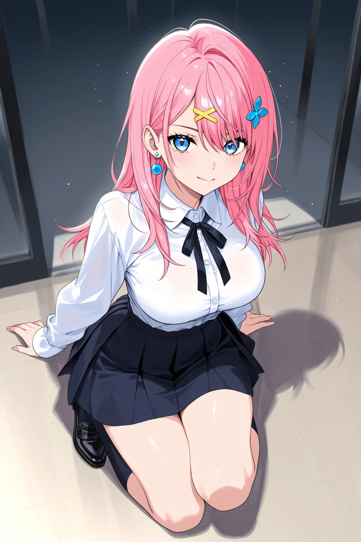 1 anime girl, light pink hair, ((hair covering right eye)), (hair bangs over eye), ice blue eyes, (makeup and eyeliner), sweet smile, extreme curious look on face, large , (medium breasts), ((medium to large cleavage)), sleeveless princess vest, cute pink pleated mini skirt, white school thigh highs, loafer shoes, hands on knees leaning towards camera.
[[High quality]]
[[Best fan art]]
[[Sexy anime]]
[[Hot anime fan art]].