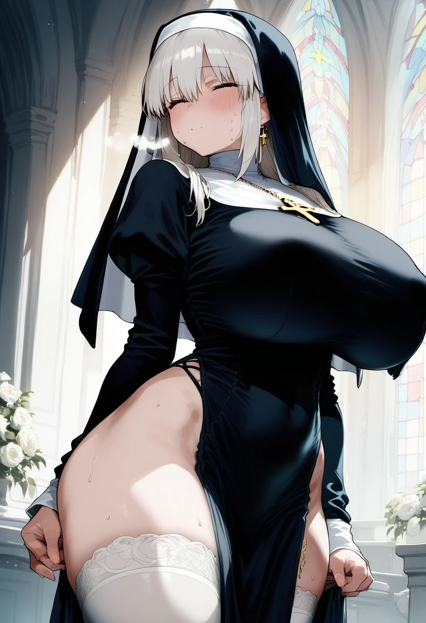 A sensually brooding nun with smoky eyes and tousled turquoise hair, her posture exuding confidence and mystery. She is clad in a nun's dress, a tattoo peeking from beneath torn clothes. In a striking photograph, she stands alone, lifting her dress as her star tattoo glimmers against the backdrop. Her huge exposed breasts add to her allure, a black cross tattoo underneath her eye, as she provocatively gazes at the viewer, towering. This is a captivating and high-quality image that blends eroticism with edginess, inviting viewers to ponder the enigmatic story behind the woman's intense gaze. ((She wears a ((silver cross)) with a ((silver chain)) around her (neck))) and has black lipstick on, in the church as the background.