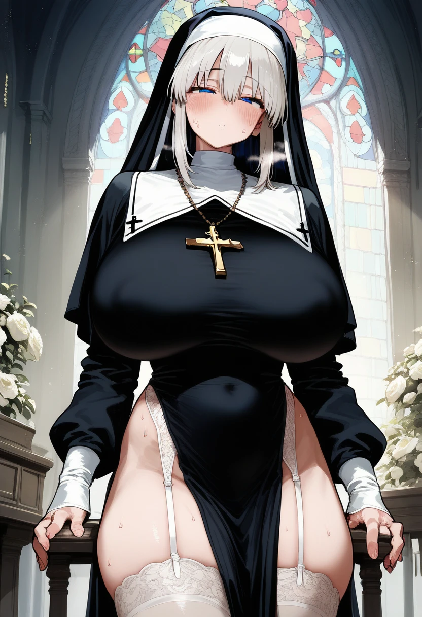 sexy nun, naked, open legs, cross on her tits,bible in her hands,illustration,seductive pose,charming smile,beautiful detailed eyes,intense gaze,soft lips,long eyelashes,shiny black hair,rosy cheeks,fair skin,flowing robe,golden cross pendant,soft lighting,vivid colors, thighs, breast, ass, seductive, spicy, hot, horny, nipples, pussy, nsfw,