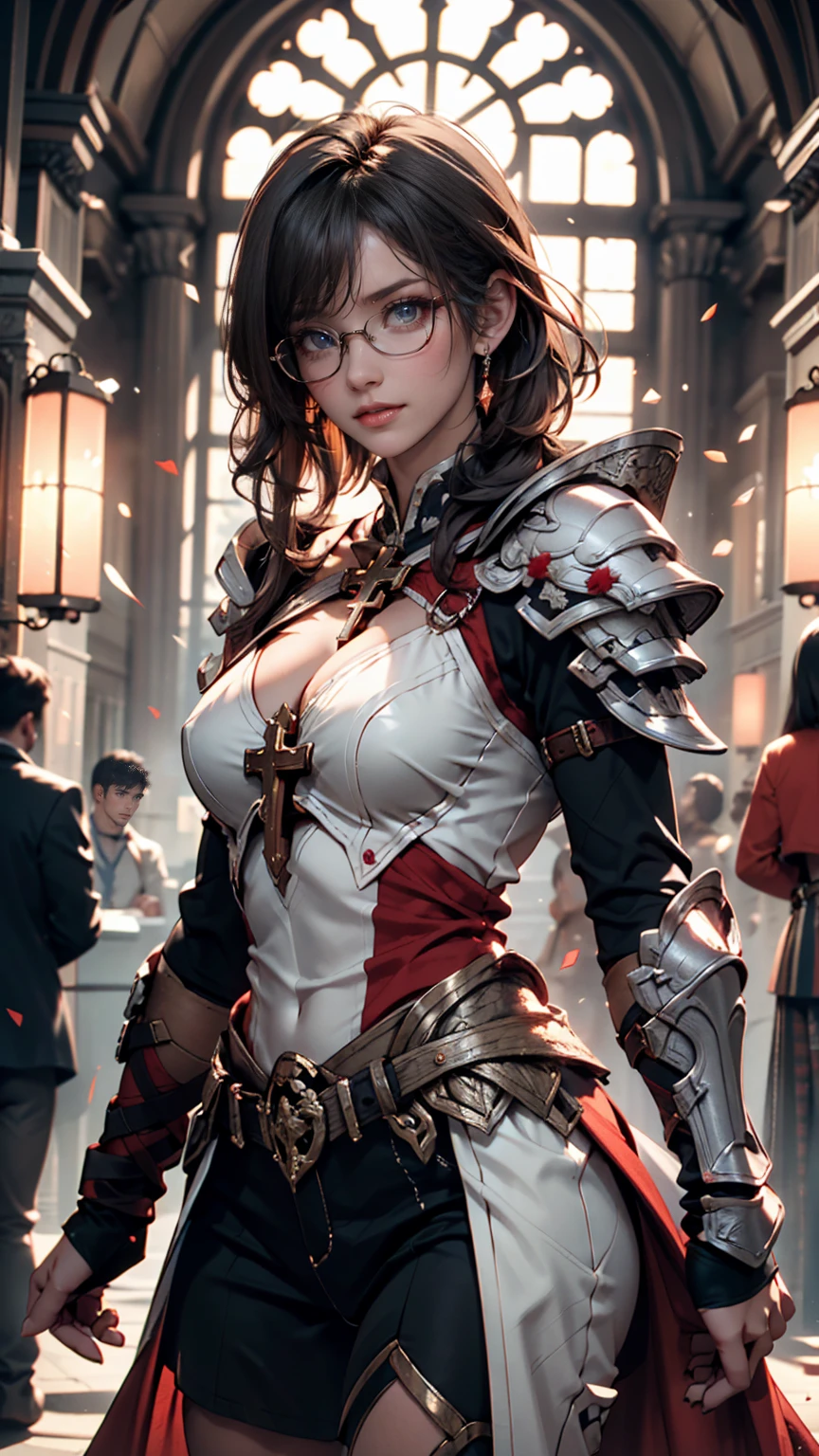 masterpiece , girl, In the Field, ( Light white short hair:1.2), (Red eyes:1.2), (Crossader:1.2), (View your viewers:1.2) , (8k, 最high quality 1.2), Very detailed, 8k uhd, Soft lighting, high quality, Film Grain, Beautiful lighting, Cinematic ,Perfect body , Sexy proportions、Narrow waist、Erotic female body、Alluring、Best lighting, Best Shadow, Sharpness, Contrast, Red glasses, Messy Hair, , Absurd high definition faces, Steel Armor, Large sword