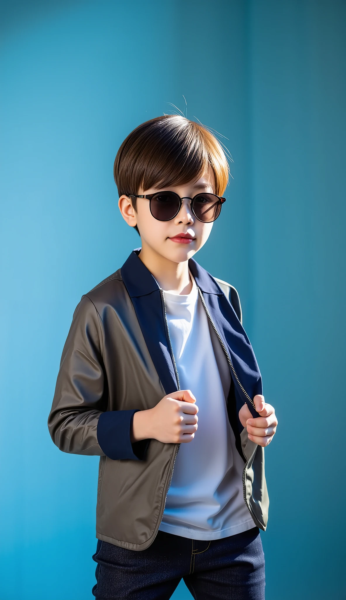 Portrait of a Asian boy wearing modern fashion clothes, sunglasses, dynamic pose for photo shoot, candid. Gradient blue background, warm light.
