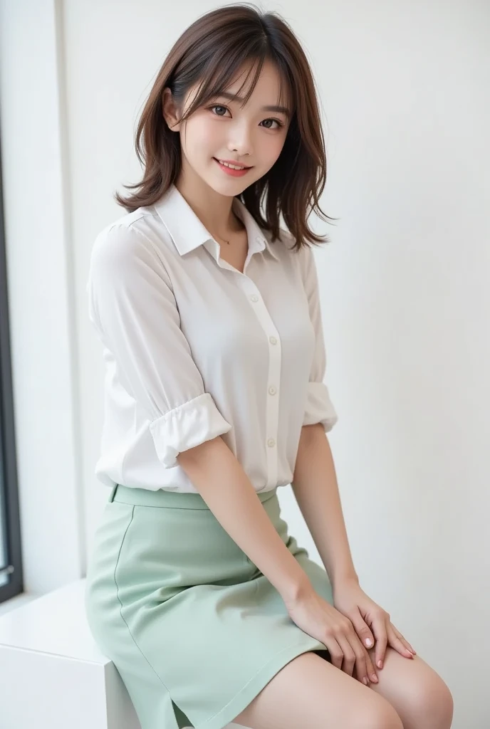 Japanese、One girl、Age 25、OL、(Big Breasts)、White skin、cute、Smile、Narrow waist、Beautiful feet、Thin legs、slender、Ribbon blouse、((mini skirt))、office