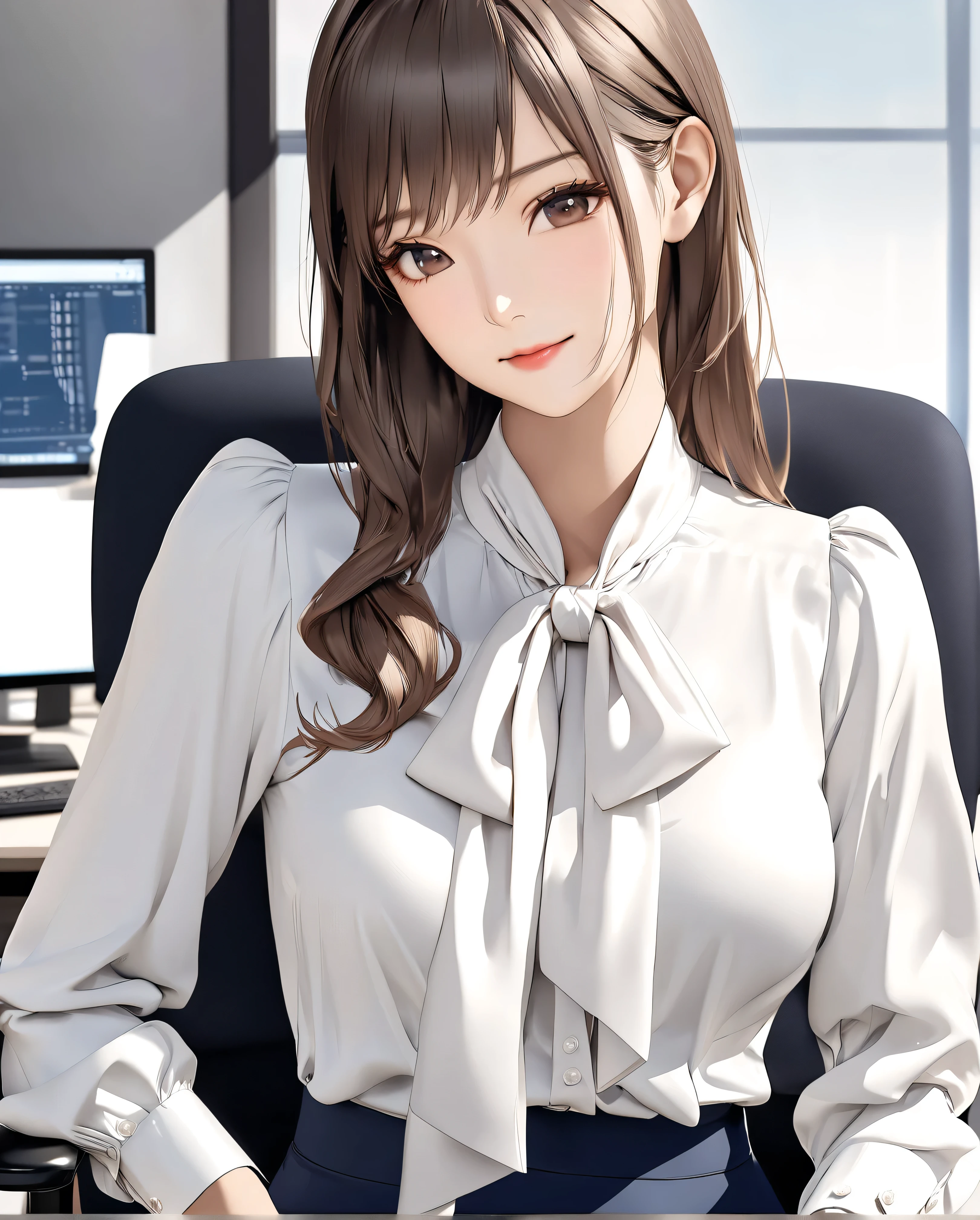 bow blouse, anime - style image, a woman sitting on a chair in the office room, Realistic body structure, A body with perfect style, (((shiny classical and office style white tie-neck blouse))), (((white office style classical tie neck))), seductive anime girl, 8k, Score_9, Score_8_up, Score_7_up, realistic office lady, long sleeves blouse, A realistic blouse, realistic tie-neck, fine details, a couple tie neck, A tie-neck in the same color as the blouse, white bow tie, attractive anime girl, Symmetrical ribbon, hyper-realistic office lady, smooth anime CG art, beautiful anime office lady, The bow tie is meticulously tied in a perfect, bow tie with large loops ribbon, the ribbons are slightly curled at the ends, The knot of the bow tie is meticulously detailed, showing the intricacies of its construction, Subtle shadows define the contours of the bow and the delicate folds of the ribbons, anime visual of a cute 26-old woman, navy blue mini tight skirt from H&M, the tight skirt non-glossy polyester, There is no color other than navy blue in the skirt