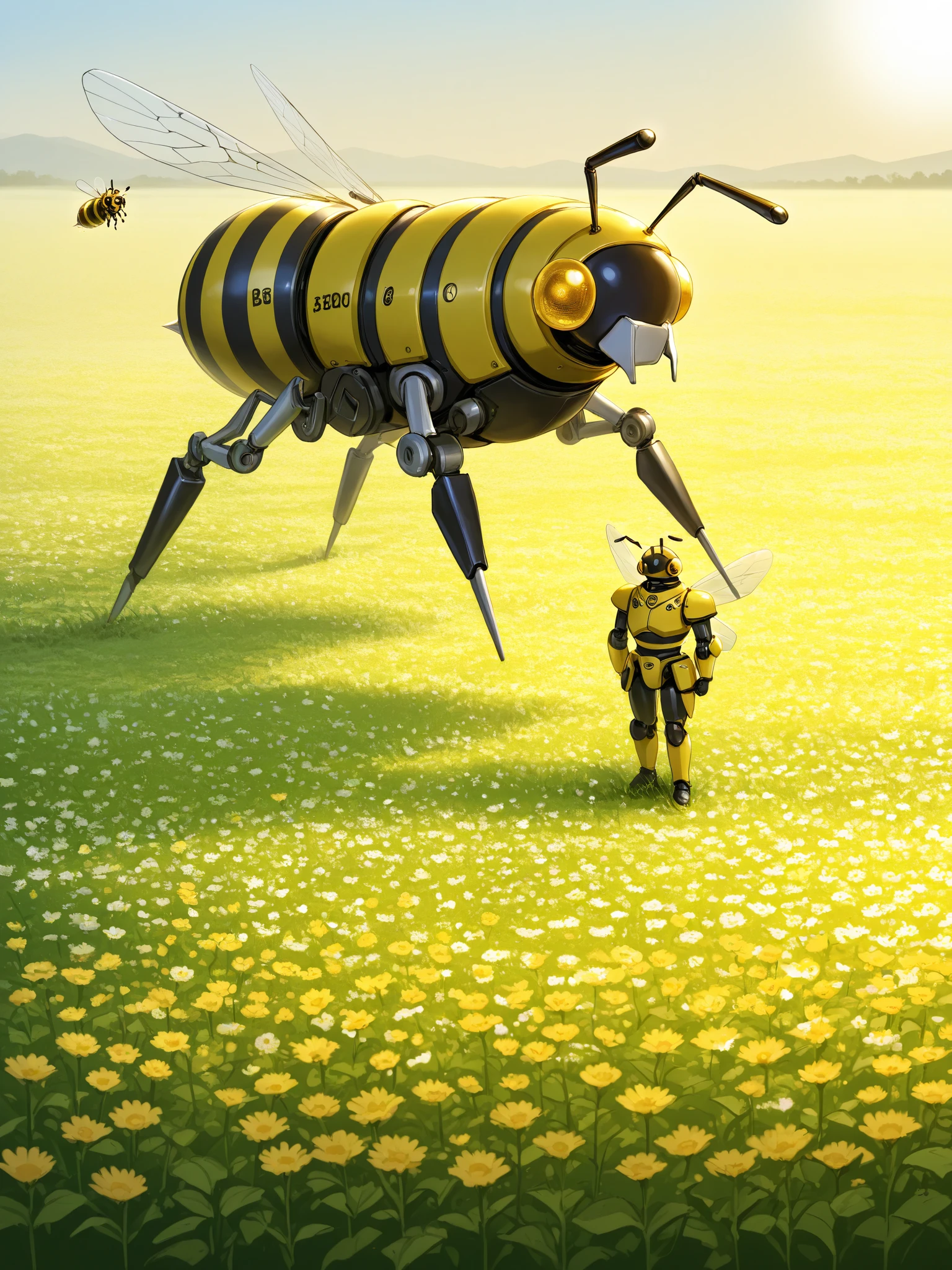 Giant Robotic Bee, Yellow and Black Armor Plating, standing, in a field of Flowers, Bees all around, Bee keeper boxes on in the field, Sun high in the sky