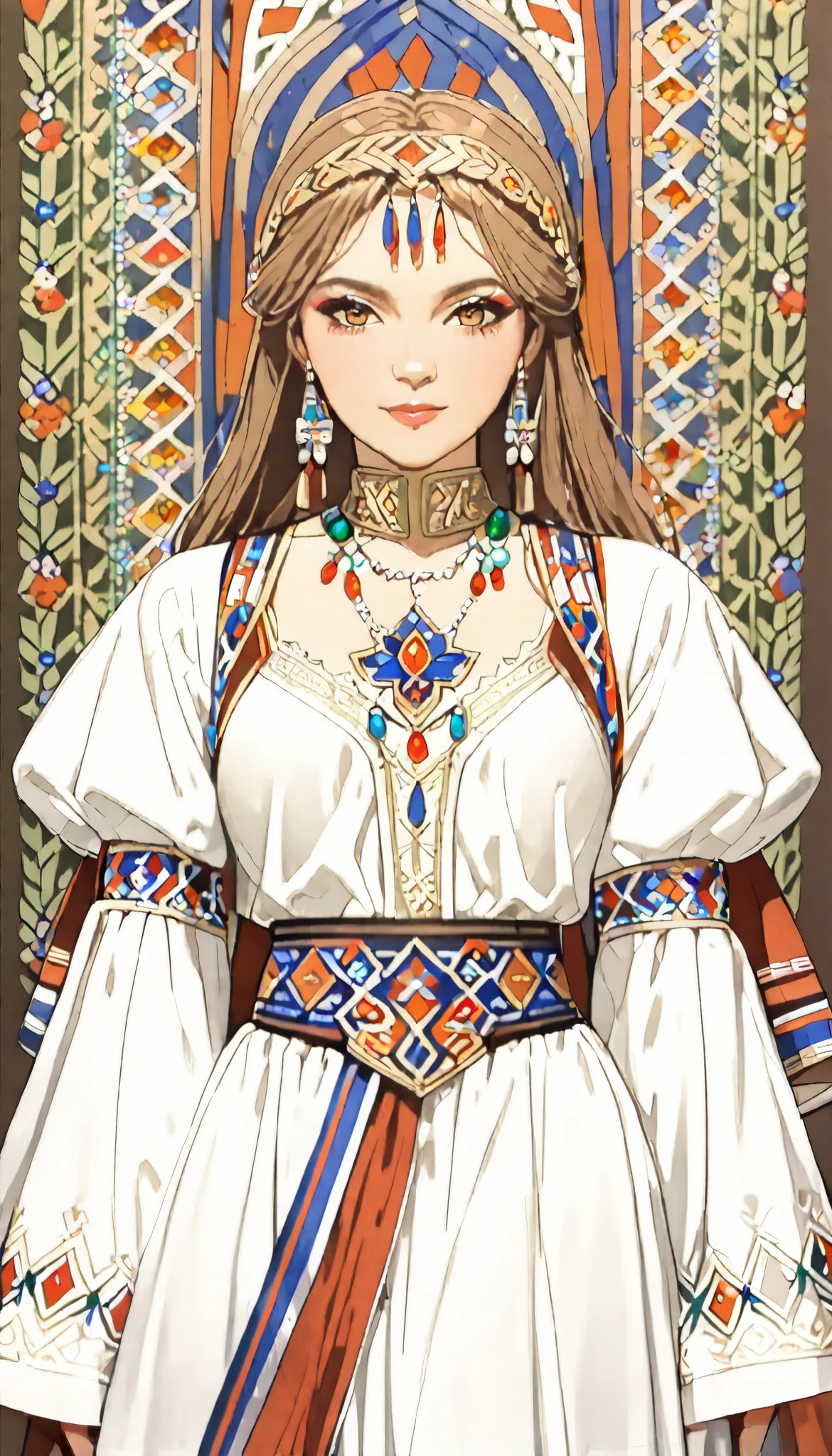 ((top quality)), ((masterpiece)), ( details), (perfect face)、(One woman:1.8)、No background、(There are no people around:1.8)、 that woman is Princess Leona , medium length light brown hair、beautiful Armenians、beautiful woman、 The woman is a beautiful Armenian man wearing an Armenian national costume.