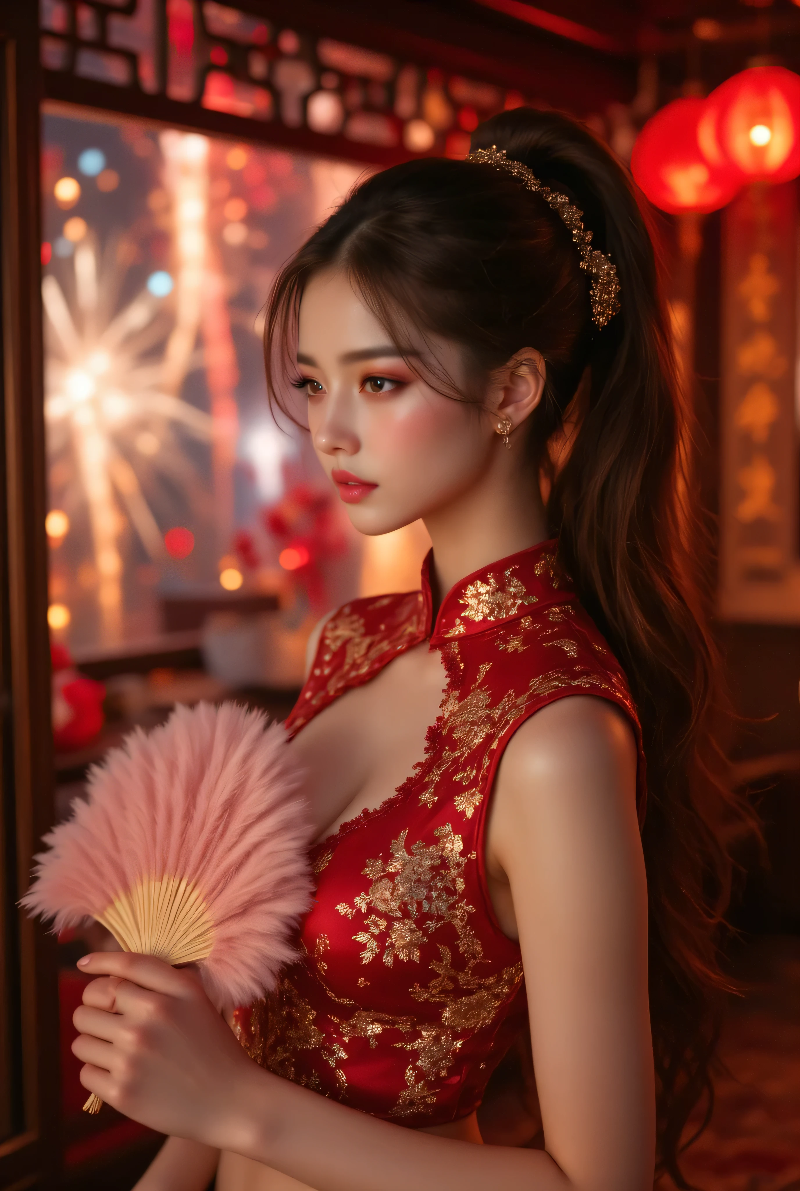 Cat ears、 fßace up, attractive, pretty girl, ponytail、 (( fine facial features , eroticism)), dramatic lighting , realistic , 8k, Dramatic Shadows , intricate and elaborate patterns , super detailed photo , chiaroscuro lighting , Pleasant colors , deep contrast , super real 、 pink lipstick、 pretty earrings, pretty necklace, pretty hairpin, warm room、Vintage Fireplace 、 cinematic composition、Close-up of face, shining jewelry, pretty half part transparent open shoulder loose outfits dress, tang style, A beautiful Korean idol wearing a short colourful tightly cheongsam with phoenix and intricate floral golden embroidery, golden and silver outline on dress, hand with pink feathers paper fan and paper fan have golden ink drawing on it, standing gracefully in a room filled with traditional Chinese New Year decorations. The room features vibrant red lanterns, decorative calligraphy scrolls, a small Chinese orange tree with golden ornaments, and several red envelopes scattered across the floor and hanging from the tree. Adorable, playful cats are part of the scene—some sitting near the tree, others curiously pawing at the red envelopes or lounging around. Through a window or an open door in the background, vibrant Chinese fireworks light up the night sky in an array of reds, golds, and blues, casting a magical glow into the room. The idol’s outfit is paired with subtle accessories like red hairpins or earrings, complementing the festive look. The atmosphere is warm and lively, filled with the joyful essence of the celebration, enhanced by the shimmering lights of the fireworks and the lively decor.