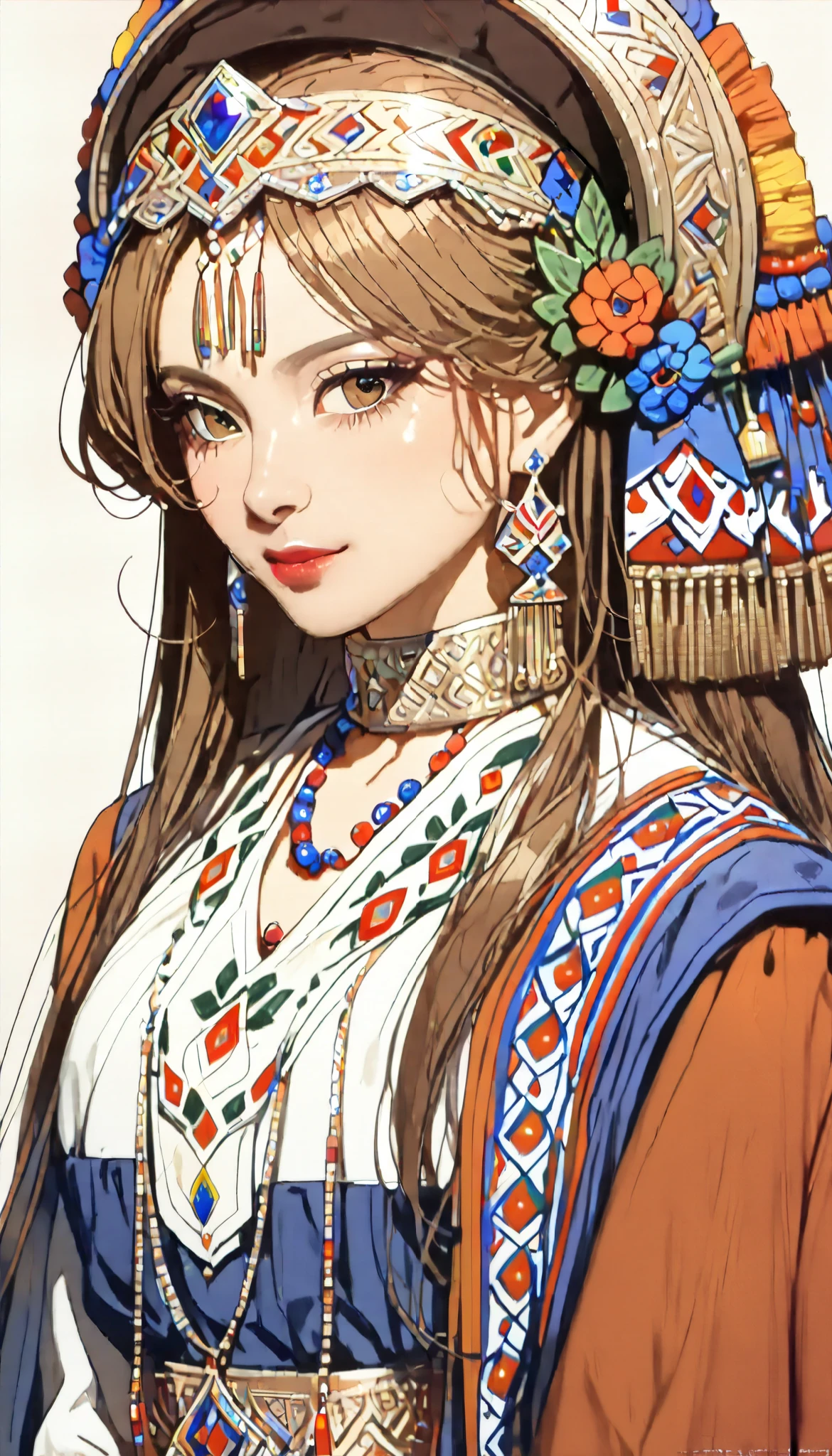 ((top quality)), ((masterpiece)), ( details), （perfect face）、(One woman:1.8)、No background、(There are no people around:1.8)、 that woman is Princess Leona , medium length light brown hair、beautiful Armenians、beautiful woman、 The woman is a beautiful Armenian man wearing an Armenian national costume.
