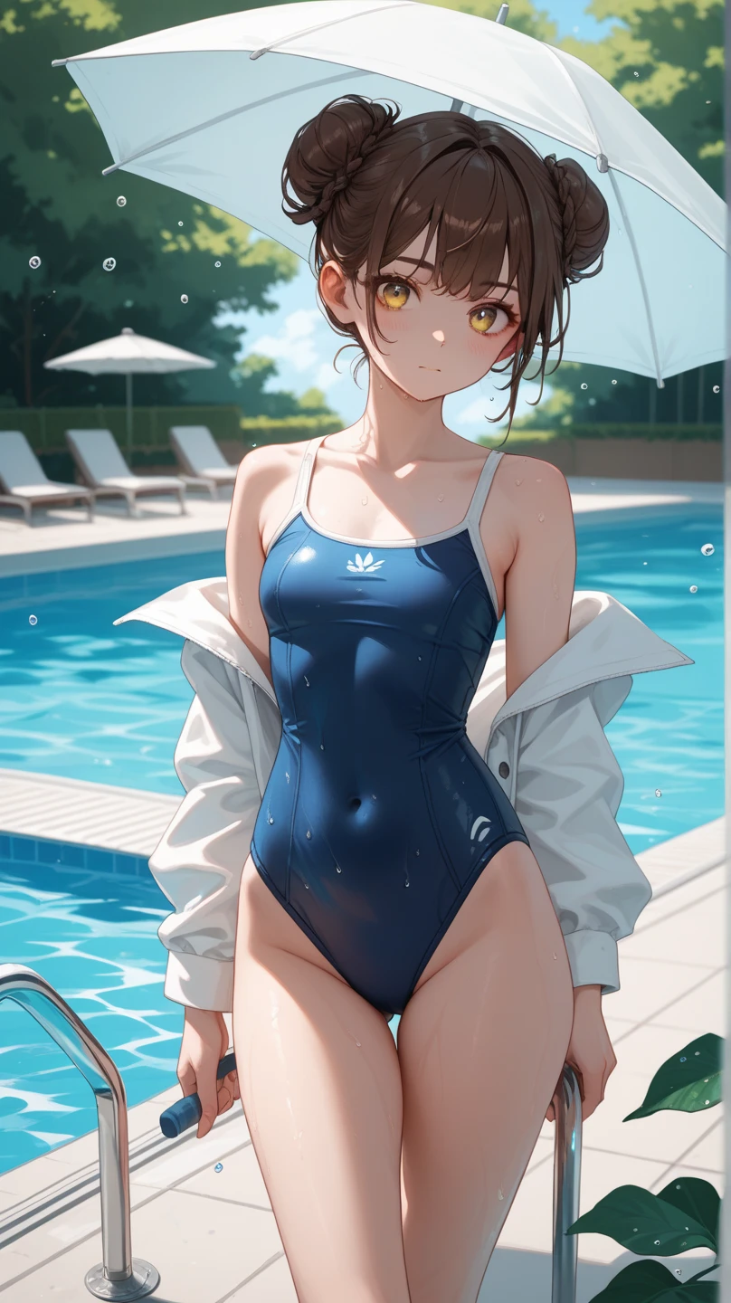 top-quality、extremely delicate and beautiful、Soio、Soio、A dark-haired、Canine ears、Long、（blue high neck one piece swimsuit）、Princess、Princess、A big smile、is standing、Facing the front、Empty pool on the background、Very young、8years old、Fox ears、Full Body Display、Totally beautiful girl、A jacket similar to a shrine maiden’s suit、