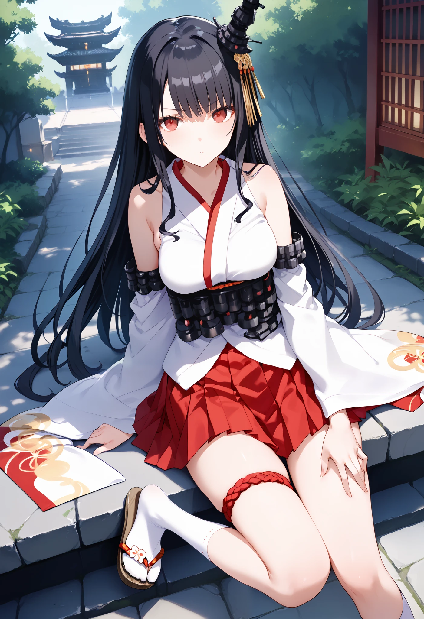 1 girl, Alone, walk, fusou-kc , red eyes, long hair, black hair, hair ornament, headgear for brainwashing, fusou-n-kc , Japanese Clothes, Non-traditional Shrine Maiden , Bare Shoulders, fusou-sleeve , detachable sleeve, loose sleeves that sit on top, Black Belt, red skirt, pleated skirt, hakama short skirt, micro miniskirt, thigh strap, white socks, Sandals,, score_9,score_8_up, score_7_up, source_anime, masterpiece, best quality, Official Art, Official Style, game cg, goddess magazine, rating_safe, rating_ are suspicious,