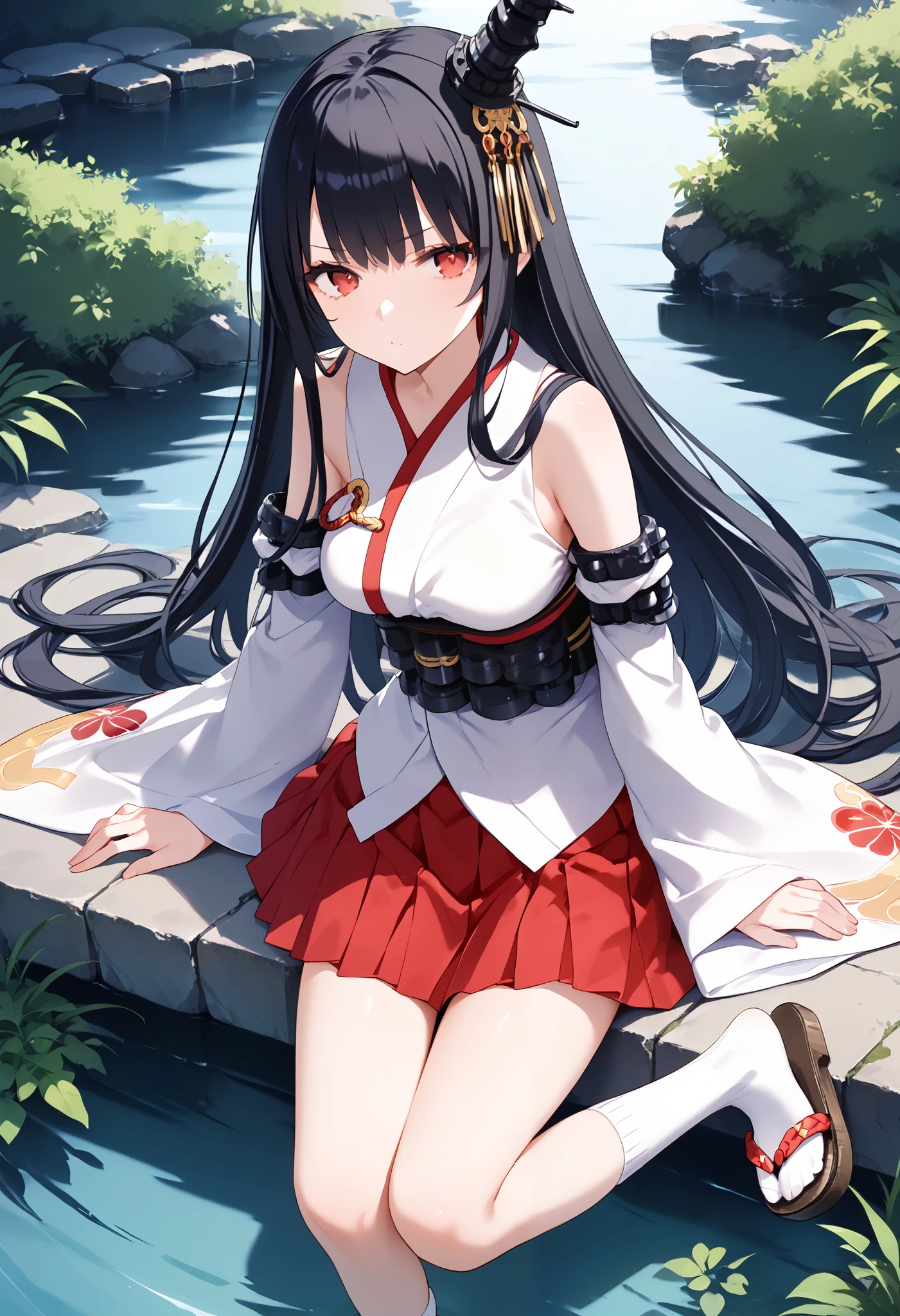1 girl, Alone, walk, fusou-kc , red eyes, long hair, black hair, hair ornament, headgear for brainwashing, fusou-n-kc , Japanese Clothes, Non-traditional Shrine Maiden , Bare Shoulders, fusou-sleeve , detachable sleeve, loose sleeves that sit on top, Black Belt, red skirt, pleated skirt, hakama short skirt, micro miniskirt, thigh strap, white socks, Sandals,, score_9,score_8_up, score_7_up, source_anime, masterpiece, best quality, Official Art, Official Style, game cg, goddess magazine, rating_safe, rating_ are suspicious,