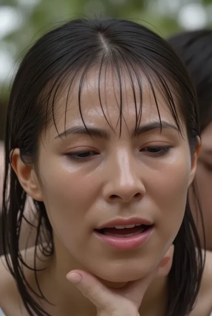 a very beautiful and sweaty 25 year old Indonesian naked girl, with thick hairy armpits and muscular abs, is carried kissed by two young men
