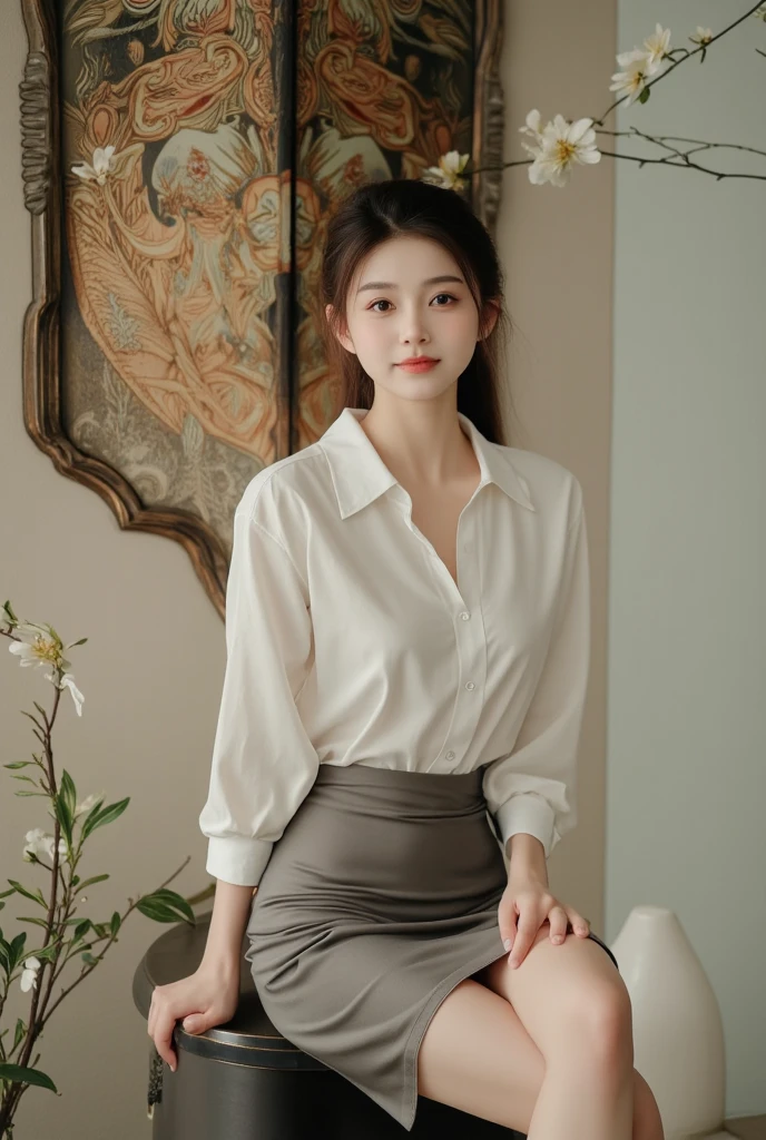 (Raw Photo), (Photorealsitic), (Masterpiece), (Best Quality), High Resolution, 8K, (Intricate Details), (Voluminous Light), Portrait, Female, (50 Years Old), Medium straight Hair, layered hair, brown hair, very fine eyes, source order, very fine eyebrows, very fine skin, very fine mouth, very fine nose, cute like an idol, happy smile, (thick lips), (looking at the viewer), (elegant gray blouse and black skirt), waist shot, (Random body orientation),