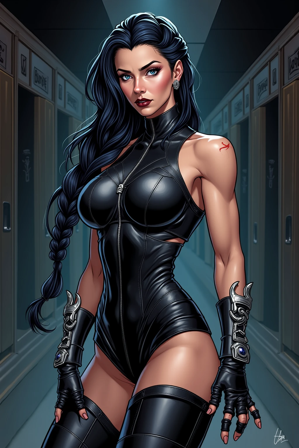 A gorgeous woman wearing a chain corset and a ((chainpunk)) aesthetic. She has long hair made entirely of chains, with belts and straps accentuating her figure. The overall theme of the image is centered around chains, symbolizing strength and sensuality. The image should be high quality, with ultra-detailed features and a realistic, photorealistic style. The color palette should be vibrant, with a focus on metallic tones and dark hues. The lighting should create a dramatic effect, emphasizing the contours of the woman's body and the intricate details of the chains.