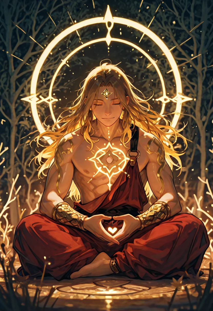 "A young, slightly muscular boy in a classic meditation pose (e.g., lotus position or half-lotus). His face is serene and calm, yet a subtle expression of ecstatic release, almost an orgasm, is visible. His eyes are closed, and his features are relaxed. The scene exudes a sense of tranquility and inner peace. He wears delicate, ethereal heavenly ornaments, shimmering with soft light.
He is meditating amidst a heavenly natural landscape. Lush, otherworldly trees with glowing leaves and branches frame the scene, suggesting a paradise beyond earthly realms. The air is filled with a soft, diffused light, creating a dreamlike atmosphere. Gentle, luminous mist drifts through the trees, enhancing the ethereal quality.
Subtle, glowing geometrical patterns of light overlay the background, creating a mystical and ethereal atmosphere. Specific points of light emanate from his third eye (ajna chakra), sacral chakra (svadhisthana chakra), and heart chakra (anahata chakra), indicating a powerful flow of energy. These lights should be soft and diffused, not harsh.
The overall lighting should be soft and ambient, enhancing the serene and meditative mood. The color palette should be calming and harmonious, possibly with cool blues, purples, and subtle warm golds to represent the chakra points.
The boy's physique should be subtly defined, suggesting strength without being overly exaggerated. He should appear youthful and peaceful.
High quality, detailed, photorealistic or highly rendered, cinematic lighting, depth of field."