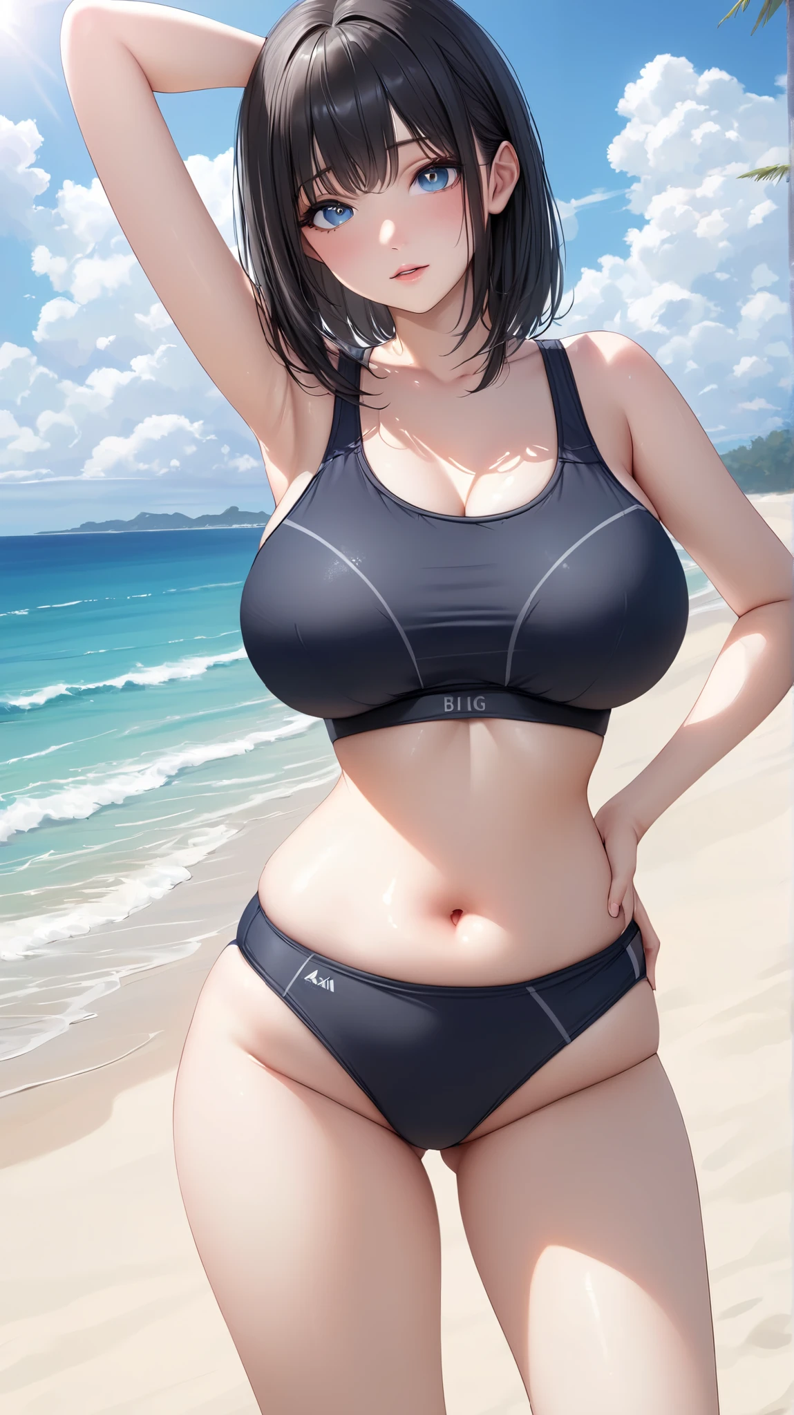 1 girl, (dark brown skin tone:1.1), very short hair, black eyes colour, mole down the right eye, Red hair, (chubby body, fat belly:1.2), Cold expression, blank eyes, mature, dominant aura, 8k, vivid colors, tight swim suit, detailed