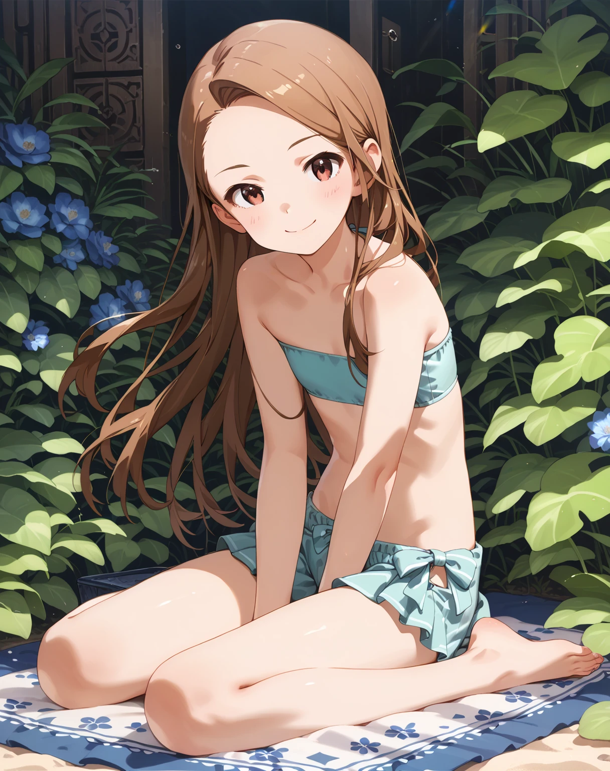 (best quality,4k,8k,highres,masterpiece:1.2),ultra-detailed,(realistic,photorealistic,photo-realistic:1.37),ocean of green leaves,curvy teenage girl sitting on her knees in a lush garden,her eyes are beautifully detailed,with round anime-style eyes,exuding a curious gaze,beautiful detailed lips,green leaves surrounding her, sunlight peeking through the foliage and illuminating her face,soft shadows playing on her skin,chubby thighs in the foreground creating depth and perspective,vivid colors giving the scene a lively and vibrant feel,hint of a playful smile on her face, a serene and tranquil atmosphere that evokes a sense of calm and joy.