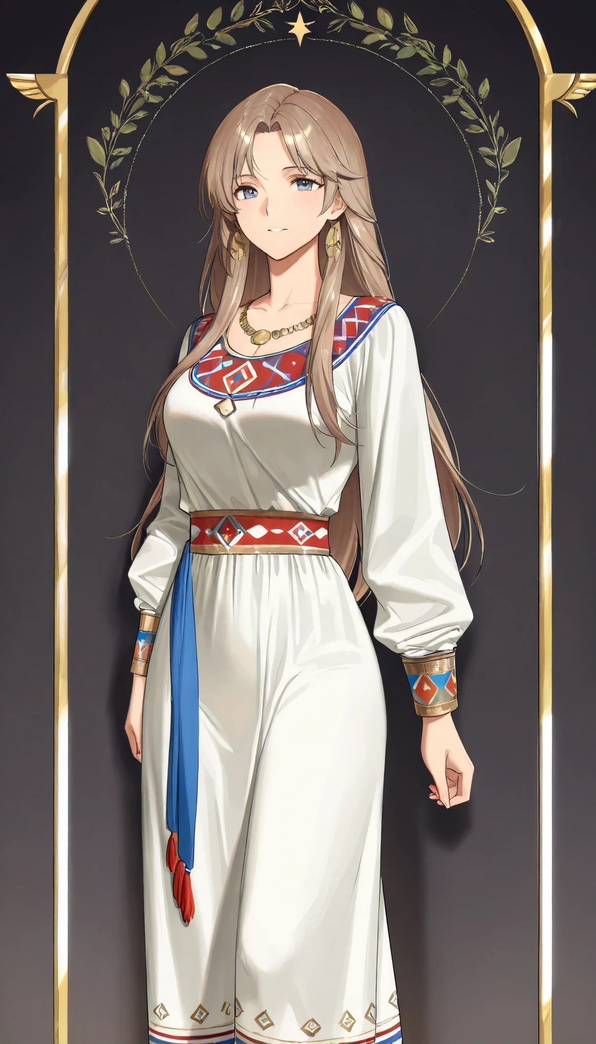 ((top quality)), ((masterpiece)), ( details), （perfect face）、(One woman:1.8)、No background、(There are no people around:1.8)、 that woman is Princess Leona , medium length light brown hair、beautiful Armenians、beautiful woman、 The woman is a beautiful Armenian man wearing an Armenian national costume.