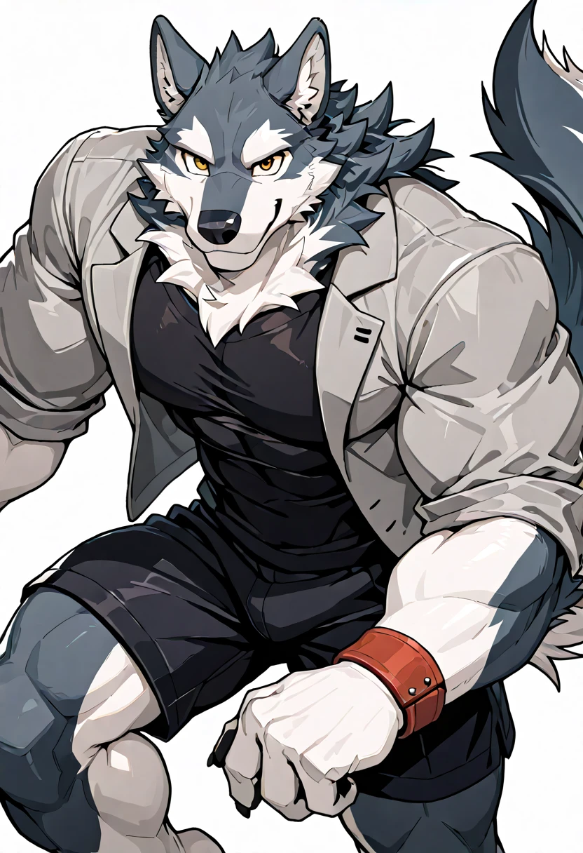 Wolf, good looking, male, anthro, black jacket, white bikini-cut boxers, ultradetailed, muscular, solo, bareness, rippling muscles, muscles, white background, simple background, bulge, cute, yawning, hands on jacket