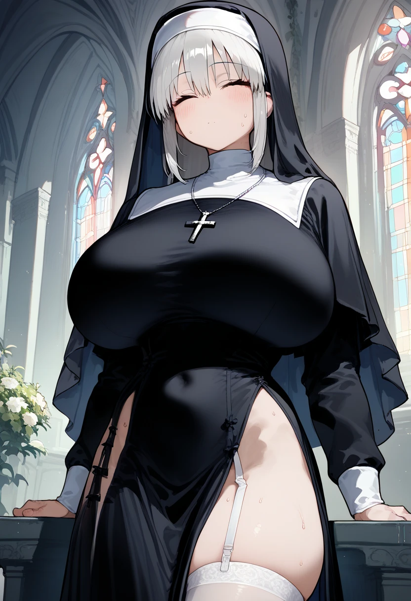 1girl, (((milf))), (((dark skin))), white hair, white stocking, lingerie, nun,unrealistically large extremely large breasts, ((nipples))