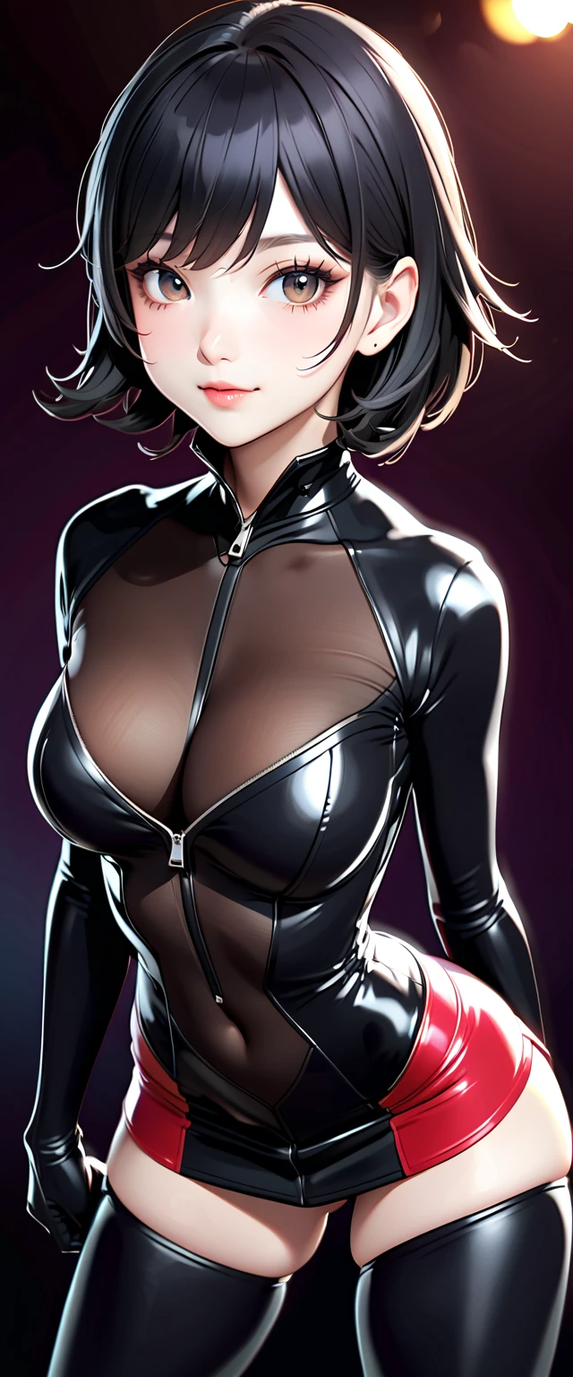 DC comics, Catwoman, short black pixie haircut, skin tight unzipped black bodysuit, smile, in a jewelry store, smile