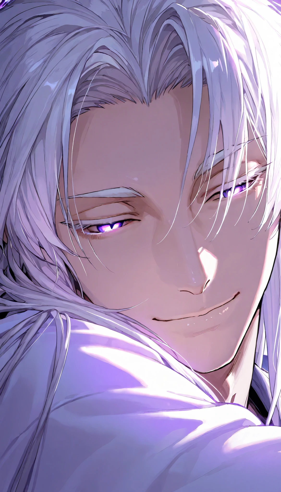 1 boy, fit, handsome, white hair, straight hair, long hair, middle part hair, thin eyebrows, white eyebrows, glowing purple eye, white eyelashes, cold eyes, light smile, bright skin, neon purple lighting, detailed, shading, face close up, full face, masterpiece, magazine cover