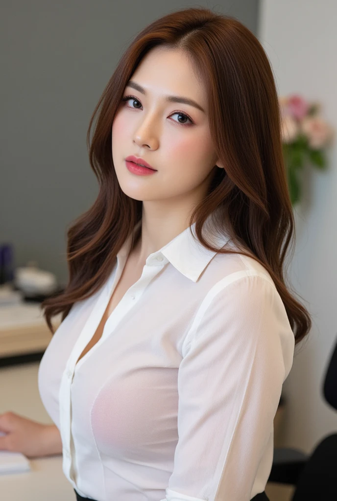 close-up of beautiful korean female, 34 inch breasts size, wearing fitting shirt, skirt, in yhe office room, bokeh background, UHD
