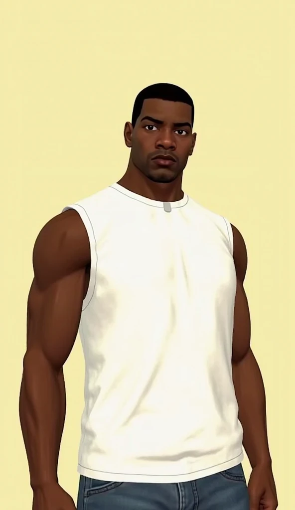 8K, Best Quality, 1 boy, dark skinned male wearing less white t-shirt, blue jeans, frizzy haircut, brown eyes, cornrows, black hair