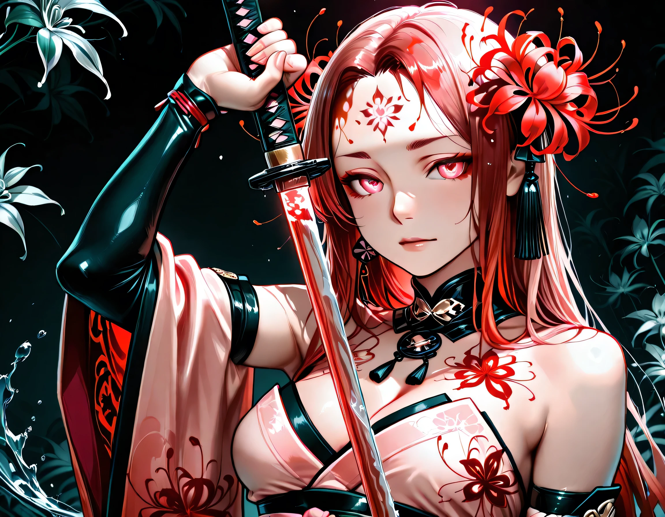 (Masterpiece, Excellent, 1girl, solo, complex details, color difference), realism, ((medium breath)), off-the-shoulders, big breasts, sexy, Yae Miko, long pink hair, red headdress, red highlight, hair above one eye, green eyes, earrings, sharp eyes, perfectly symmetrical figure, choker, neon shirt, open jacket, turtleneck sweater, against the wall, brick wall, graffiti, dim lighting, alley, looking at the audience, ((mean, seductive, charming)), ((cherry blossom background ))),((Japanese temple background)))), (((Glow-in-the-dark background)))