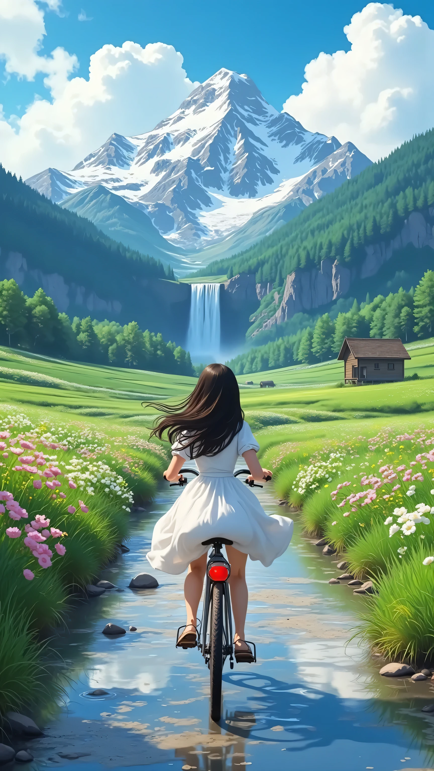 (masterpiece:1.5), (best quality), 8k resolution, Ultra HD details, Real photography style,
The back of a young girl in the center of the picture,Low angle looking up view,She rides a retro bike, wearing a white dress ,long hair flutters with the wind, (((The camera is facing the 's back, Low angle bump ,Pathside full of flowers,There is accumulated water on the road,The accumulation of water reflects what a girl is riding a bike,There is a small cabin in front of her,There are lakes and Daisetsuzan in the distance,There is a waterfall on a snowy mountain flowing down from the top of the mountain))),High Resolution, masterpiece, Precise, best quality, details,
The soft light shines from the top of the screen,Create a healing atmosphere,The depth of field enhances the spatial level,
style blend :Real Portrait Photography × Ghibli Animation Scene