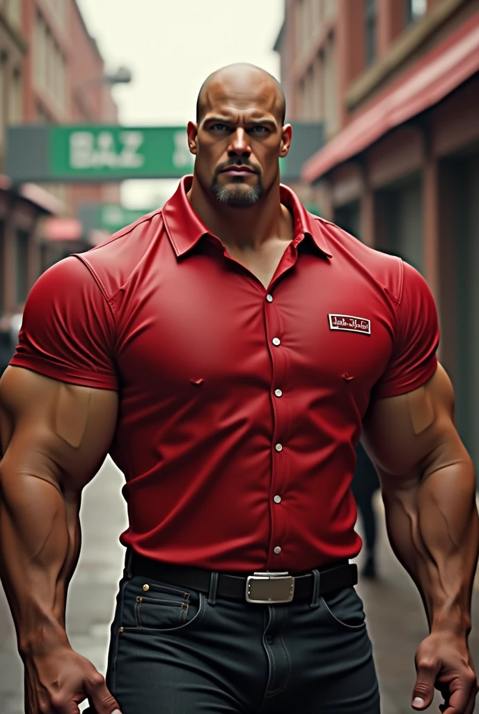 a man, massively muscular, with massively large muscles, wearing a red shirt