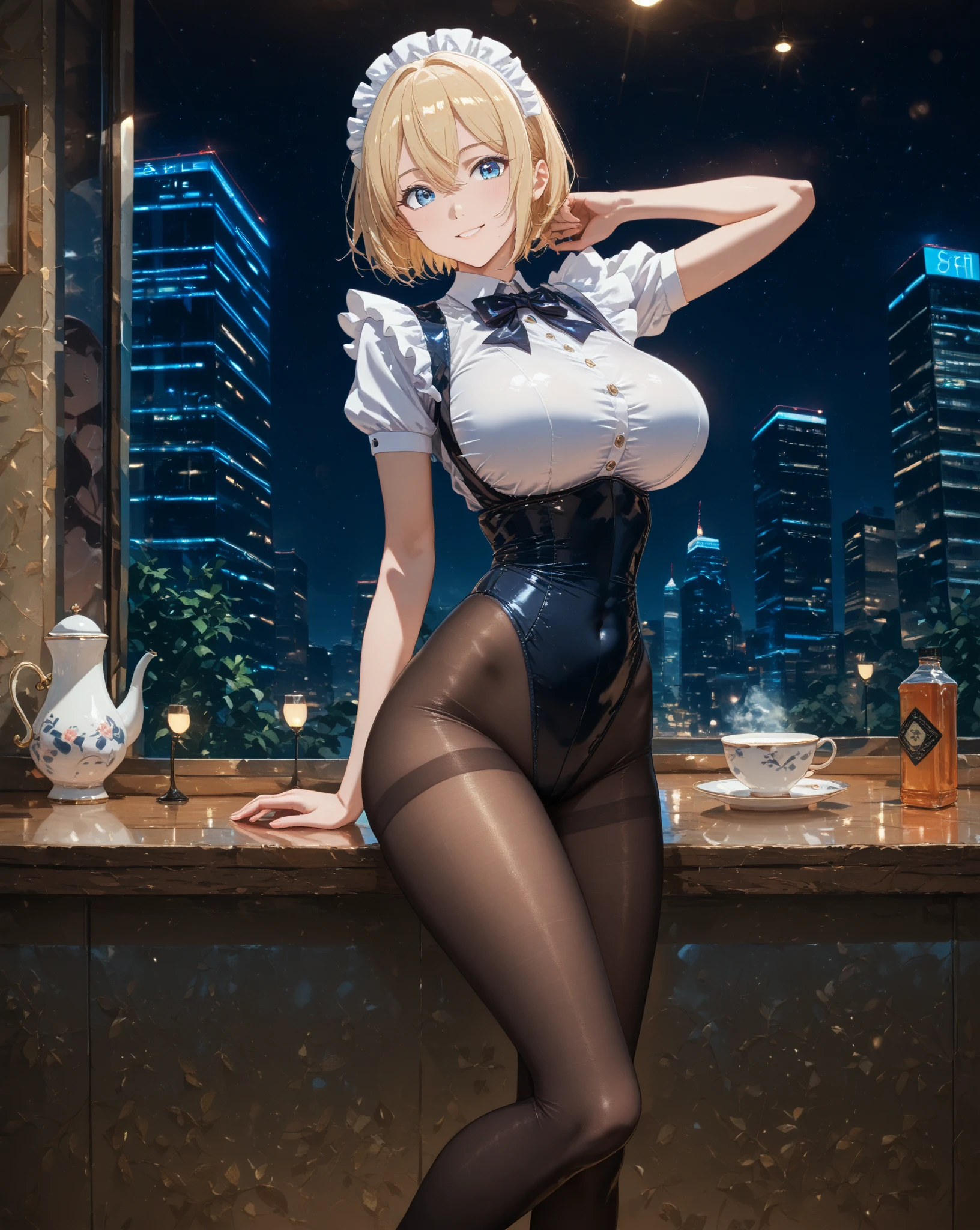 (masterpiece,highest quality,超A high resolution),Japanese women, (((Very beautiful 18 year old girl))), pretty girl、Look at the photographer、 ((Beautiful blonde bob hair)), Very cute face, Glossy Lips, Double eyelids on both eyes, blue eyes, Natural smile、 Natural Makeup, Long eyelashes, Shiny and smooth hair、Center image, Perfect limbs, Perfect Anatomy,(((Bunny girl Fishnet tights))),Wet with sweat,Cowboy Shot, Accentuate your butt