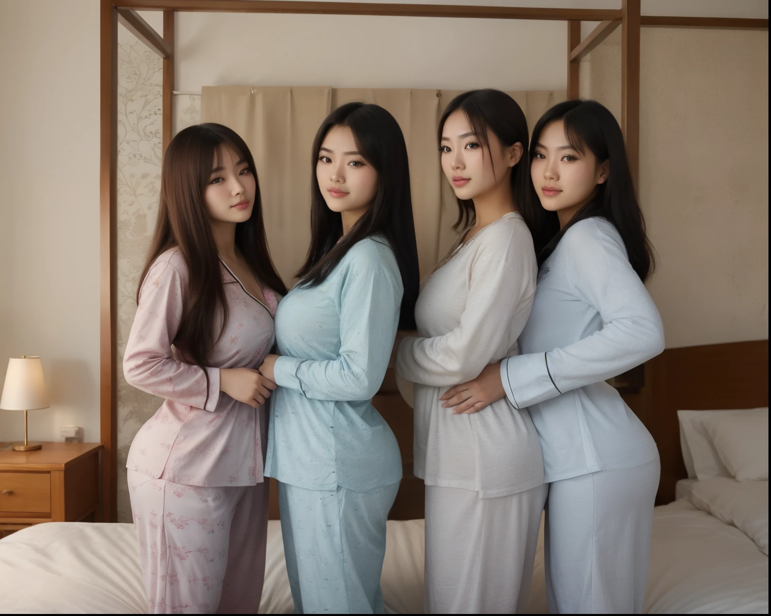 high quality 8k picture, very detailed picture, several of beautiful very slims 18 years old Asian girls, weight 250 kg, height 200 cm, faces, big breasts xxl, big ass xxl, wearing pajamas, standing situation in the bed room, side view ,(bbw) ,, several groups of slims Asian girls in the image