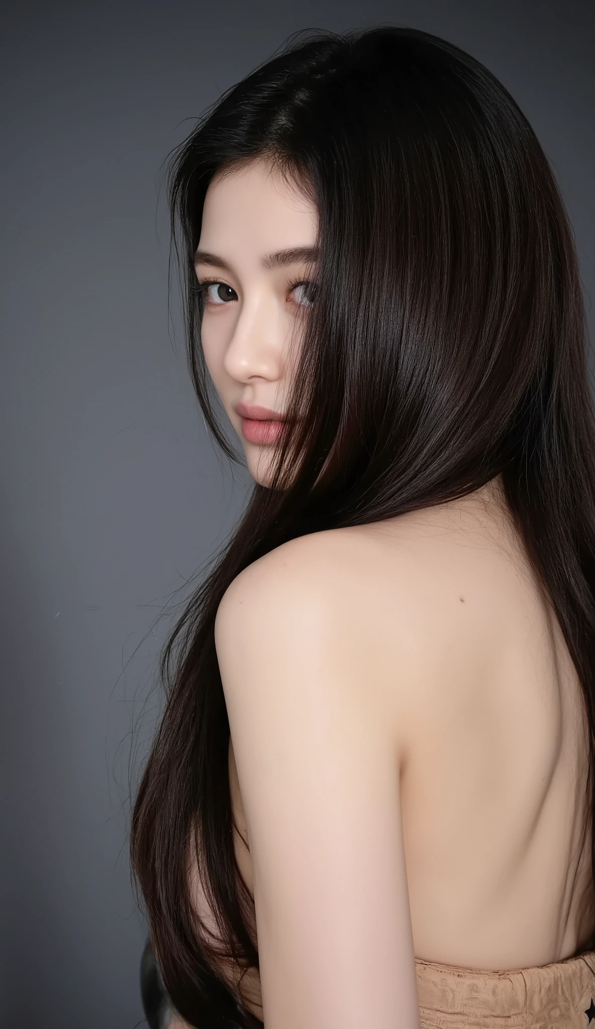 8K, Top Quality, Intricate Details, Ultra Detail, Ultra High Resolution, Masterpiece, ass shot, close up shot, shot from behind, (Looking back), standing, Slender, Smile, (Makeup: 0.4), (Fluffy Blue Eyes: 1.21), blue Eyes, ((full body)), 1girl, solo, 1 girl, (( full body)), close up shot, , ((tall)), (((fit body))), (((slim face))), sharp face, sharp eyes, (( black hair, long hair )), (detailed face), sharp face, small lips,
((naked)), detailed face, detailed breast, , large breast, detail ass, large ass , Bust Botox, Big, Perfect Body, detail leg, (( dark background)), black background,