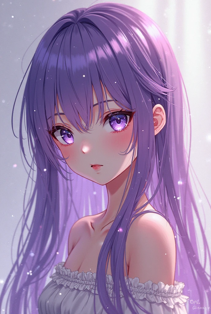 A anime character.65 Purple Wavy Hair, purples eyes, and pink bequine