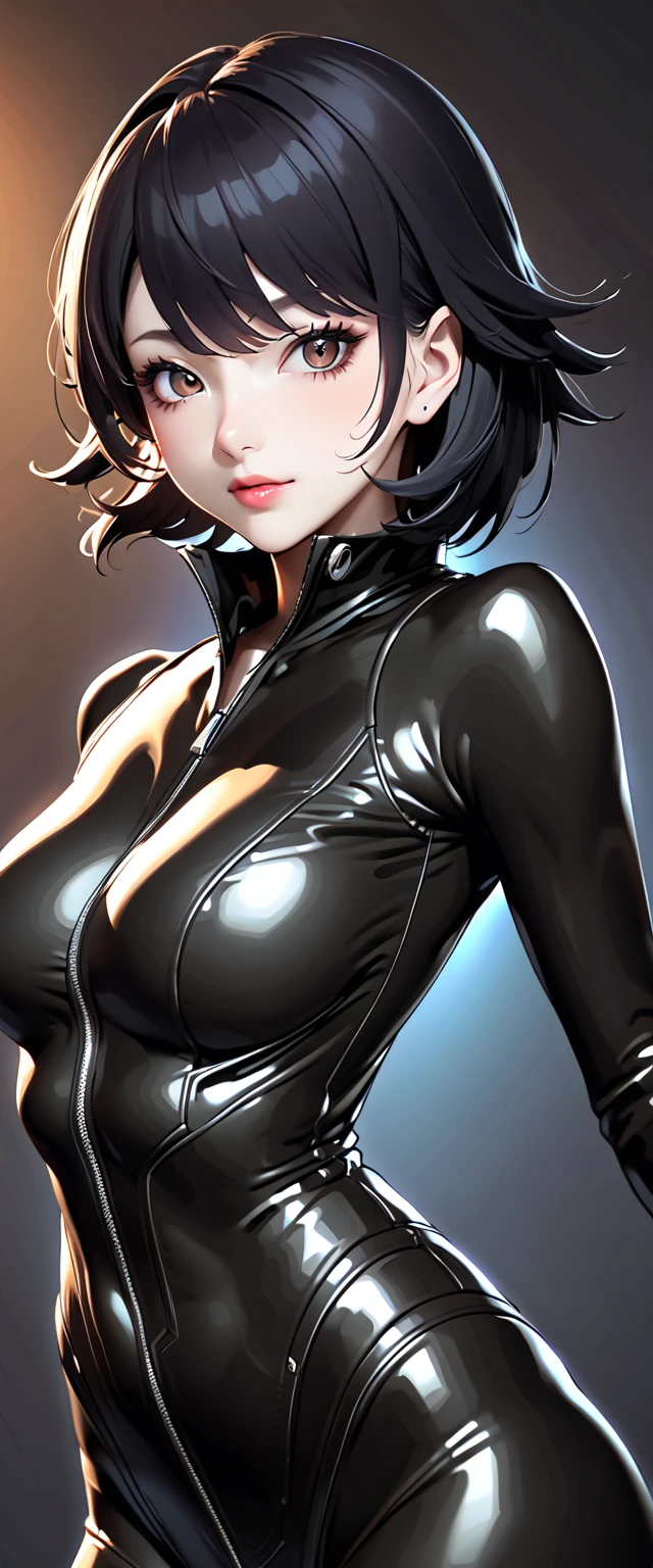 Portrait of a goth girl, anime girl, smooth soft skin, Fantastic Big Eyes, beautiful intricate colored hair, Symmetrical, bobcut hair, defined abs, muscular, shiny latex dress, cute latex dress, shiny dress, anime wide eyes, Beautiful eyes, Soft lighting, Detailed face, By Makoto Shinkai, Stanley Ateg Liu, Phlegm sputum, phlegm, rossdraws, concept-art, Digital painting, looking at the camera in, 1girll,full bodyesbian,Raised sexy, massive tits, muscular, defined abs, colorful background, smilingbat camera