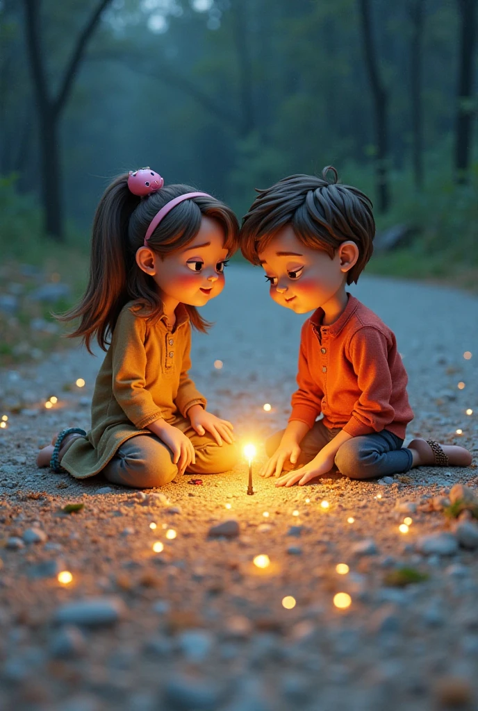 A black little girl with curly hair and black eyes, while under the rain. She is accompanied by a 13-year-old white boy, Cao Cao, blackquality hair, up to the forehead, wet, and blue eyes. He is holding a pink cupcake with a candle on top of the cupcake. The scene is lit by a dark gray sky and the rain falls in thick drops. The  is wearing a blue blouse and a pink skirt, while the boy is wearing a black sweatshirt and jeans. Watch they are facing each other 