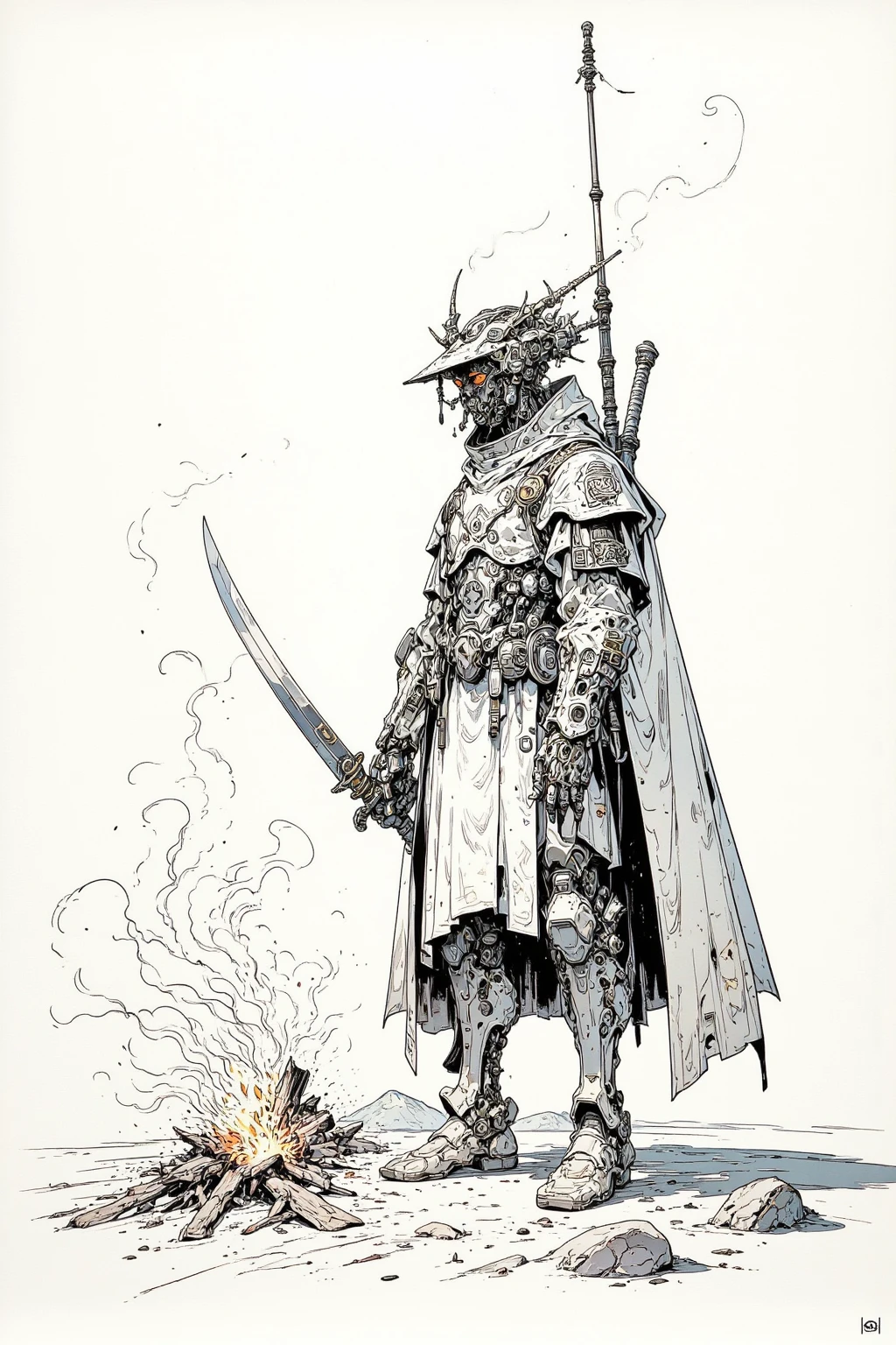 Picture of a Traveller Man Bonfire in the Desert,Minimalistic Desert,Bonfire Smoke Is an Abstract Symbolic Depiction, Very thin inkline   , More about ultra-fine ink,  Draw with a single line,  ink outline , Ultra-fine details, hand drawn,  Very thin inkline   ,   painting is a picture of a mechanical soldier holding a shield and swinging down his sword  , Line drawing,  Black Outline Illustration , Fine line drawing