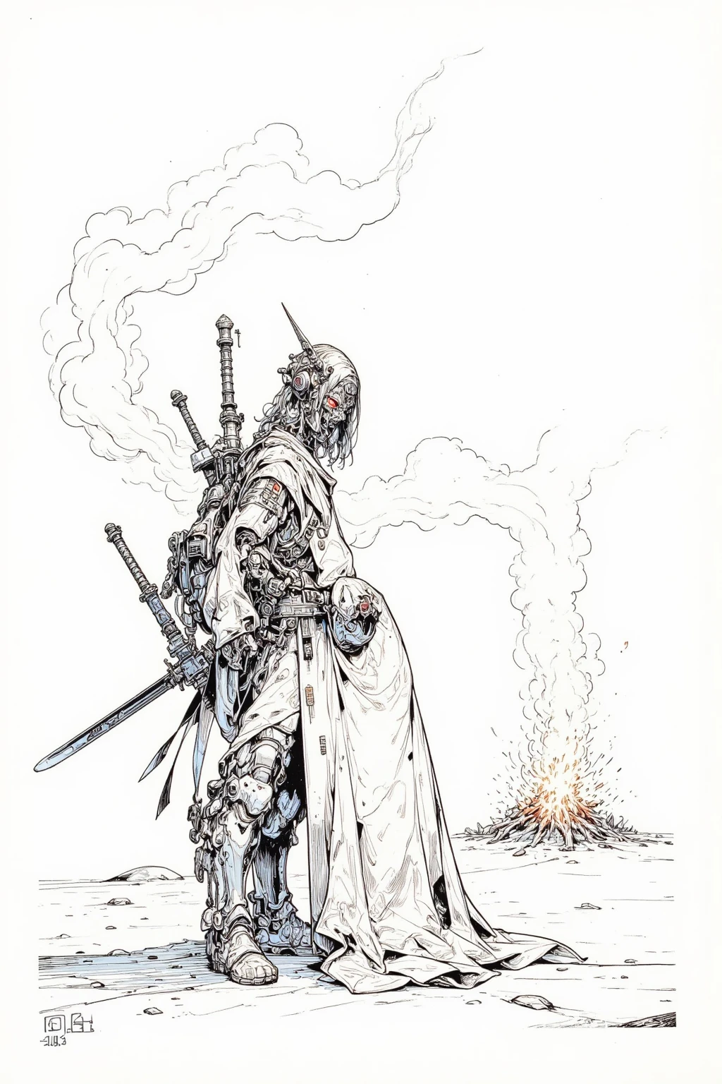 Picture of a Traveller Man Bonfire in the Desert,Minimalistic Desert,Bonfire Smoke Is an Abstract Symbolic Depiction, Very thin inkline   , More about ultra-fine ink,  Draw with a single line,  ink outline , Ultra-fine details, hand drawn,  Very thin inkline   ,   painting is a picture of a mechanical soldier holding a shield and swinging down his sword  , Line drawing,  Black Outline Illustration , Fine line drawing
