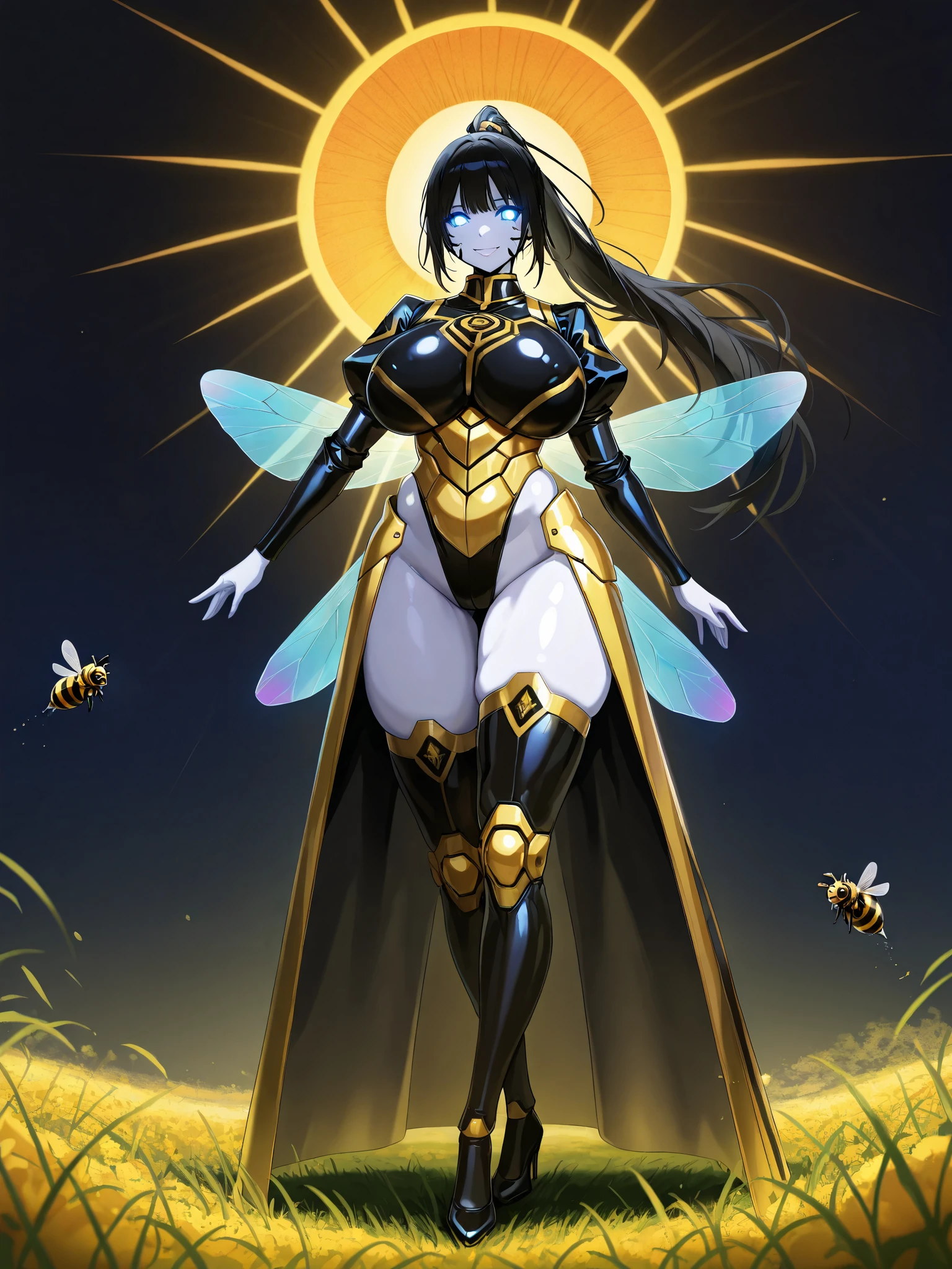 Bee, Robotic White Skinned Woman, Long Black Ponytail, Large Breasts, Voluptuous Build, wide hipped, Long Legs, Iridescent Blue Glowing eyes, wearing a Golden armored Bee Keeper uniform with Black accents, Gold thigh high high heels, standing, in a field of Huge Sun Flowers, Bees all around, Sun high in the sky, smile on face