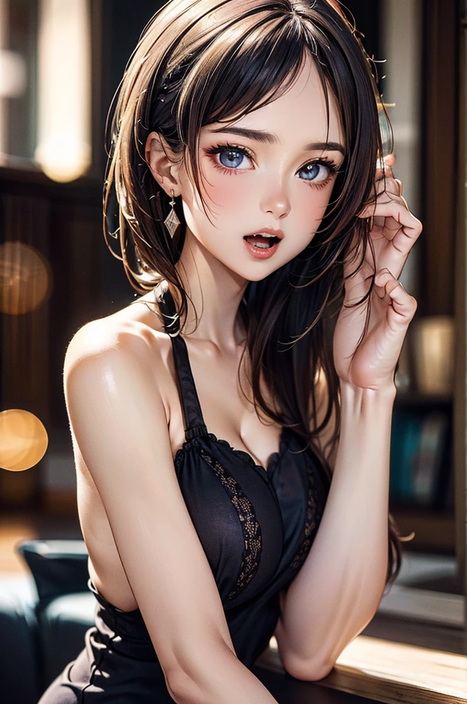 ((((highest quality))))、(((Ultra-precision CG16K wallpaper)))、(((masterpiece)))、(((Super detailed)))、(((Extreme detail)))、((１Mature 24 year old woman:1.3))、((Very beautiful Japanese faces))、((Shiraishi Mai:1.3))、((Soft wavy ponytail hair、blunt bangs:1.5))、(Shiny brown hair)、Beautiful delicate eyes、eyeliner、eye shadow、Brown eyes、High nose、Small nostrils、Small Mouth、Seductive lips、Beautiful breasts、((C cup size breasts))、Cleavage、Voluptuous body、Perfect proportions、Perfect Anatomy、Perfect composition、Beautiful detailed shading、Beautiful, natural lighting、Beautiful detail glow、Depth of written boundary、(((High chroma)))、(((Real:1.9)))、((vivid:1.5))、((Beautiful Skin))、((Skin Texture))、((Realな皮膚感))、(((Bust Shot:1.6)))、((Front view、Front low angle:1.6))、(((Screaming face with eyes closed、ahegao:1.5)))、(blush、Drooling、sweating、My crotch is wet:1.8)、(((Sexy、Pleasure、Trance:1.8)))、Bright daylight、Natural light、(((Decaying ruins、steel frame:1.8)))、(Leaning back pose:1.8)、((Black lace bikini lingerie:1.6)))、((Earrings、Wearing a necklace:1.3))、(((A woman kneels on the floor with her legs apart、Cowgirl style:1.8)))、